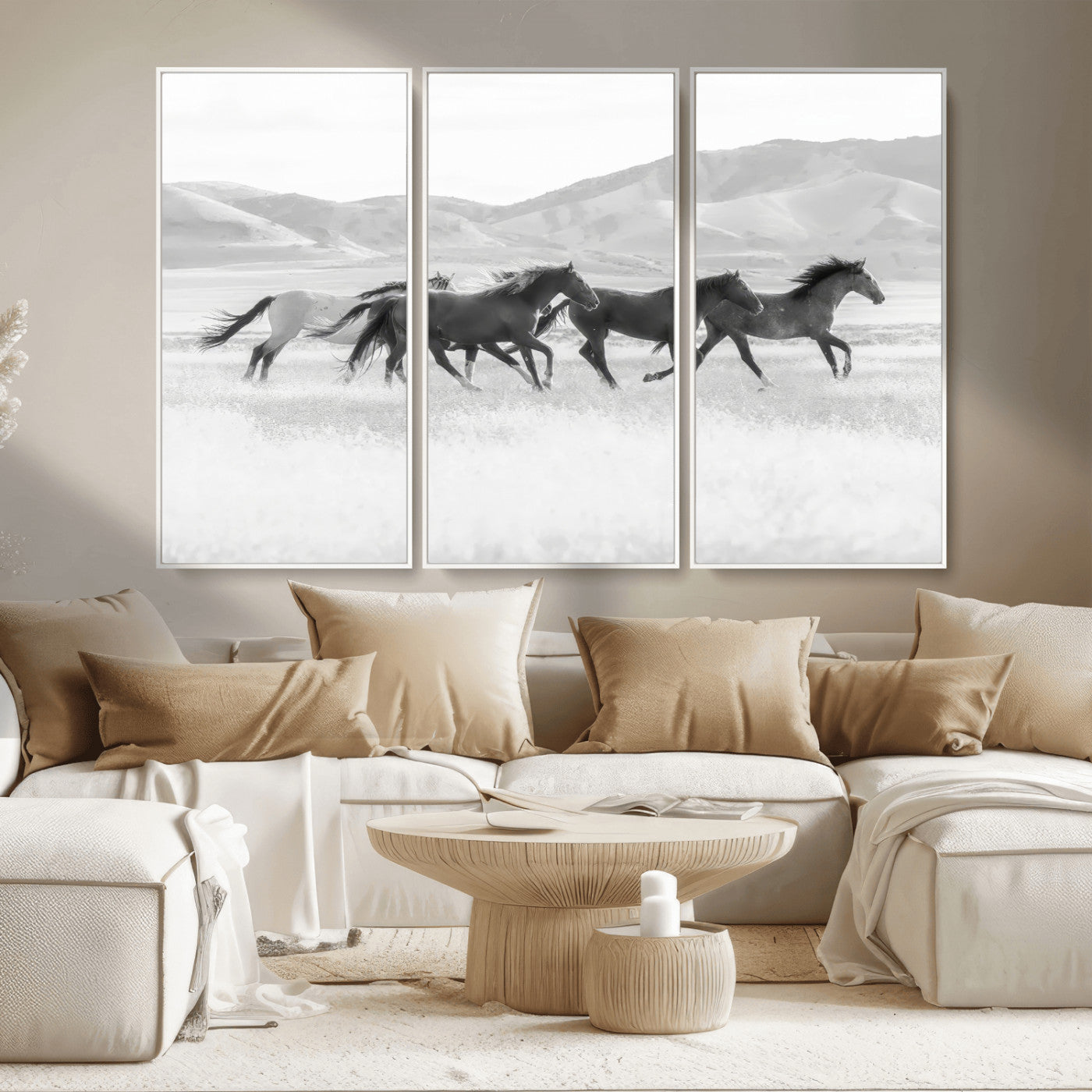 69934913-MGV-CV-36X24-Wild Horses Running Wall Art Canvas Print, Framed Black White Mustangs Art Picture Print, Rustic Western Perfect Rustic Western