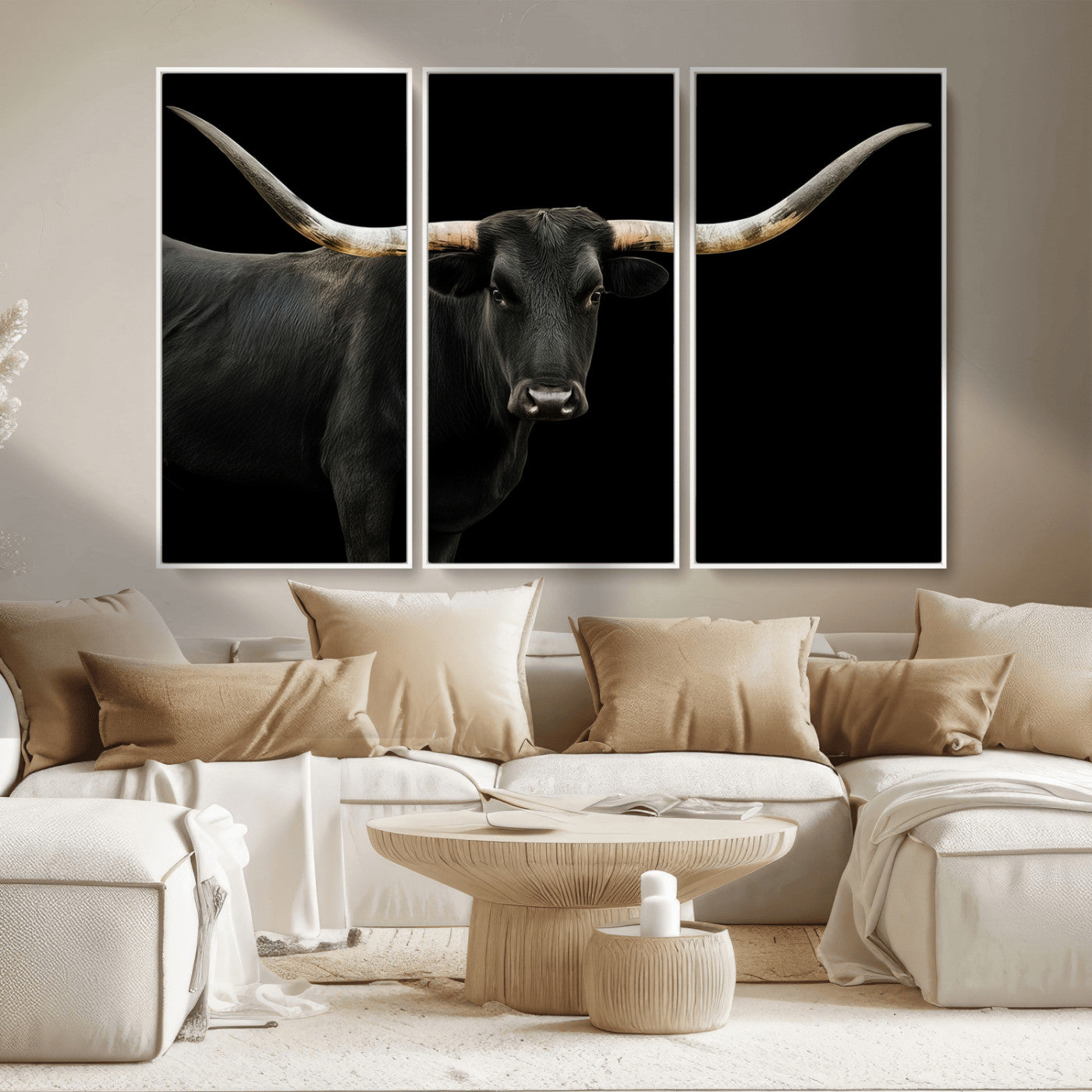 99448328-MGV-CV-36X24-Longhorn Cattle Wall Art Canvas Print, Framed Texas Ranch Art Picture Print, Western Cow Perfect Farmhouse Decor Artwork
