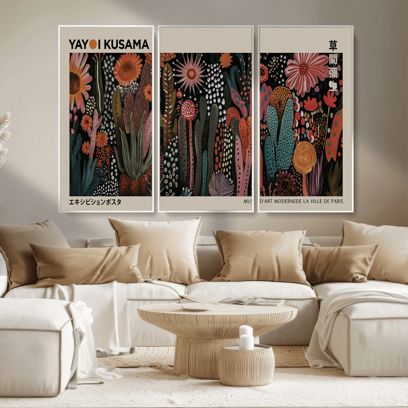 28344895-MGV-CV-36X24-Dark Floral Abstract Wall Art Poster – Modern Botanical Canvas Print with Beige Border, Kusama Inspired Boho Flower Painting,