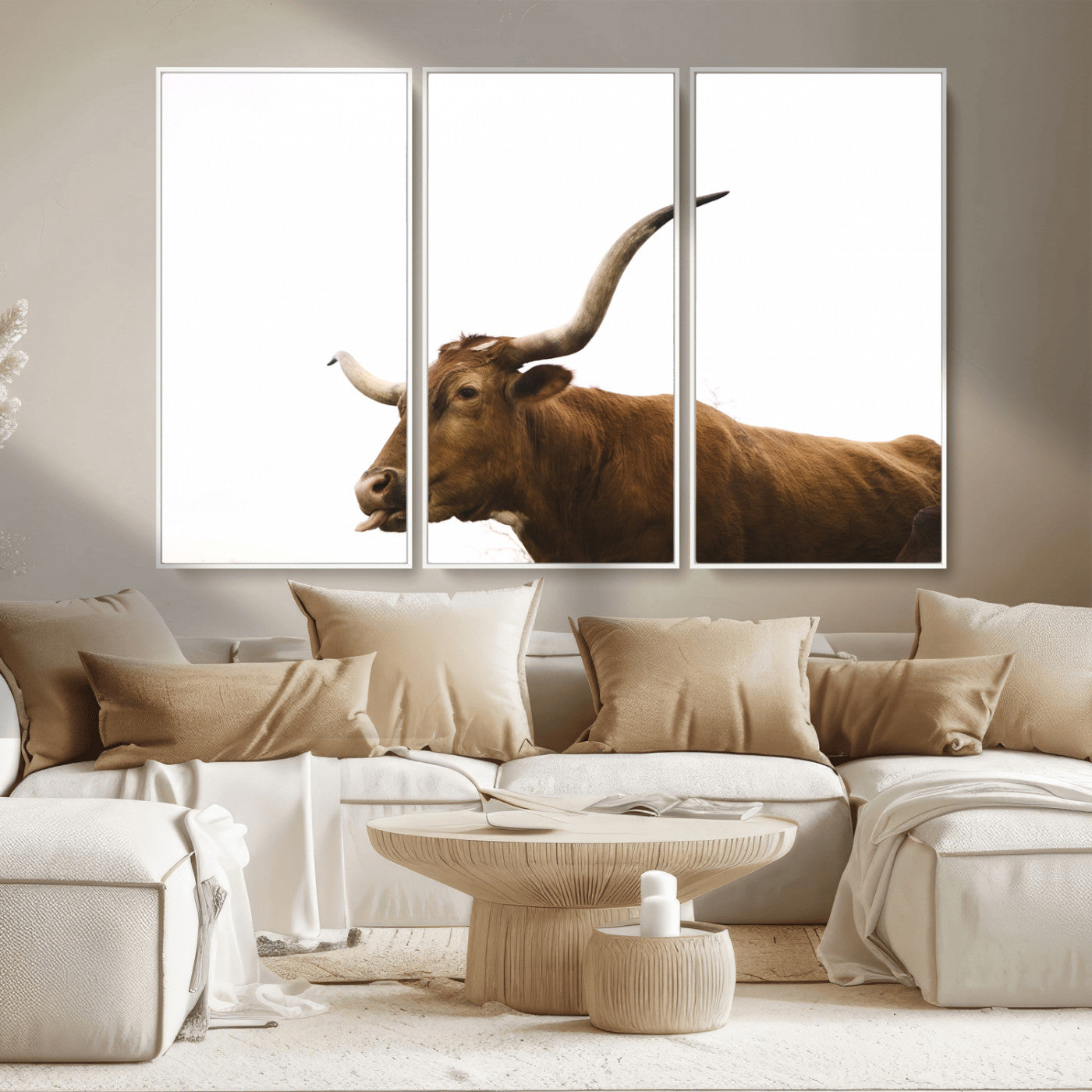 62566114-MGV-FC-48X32-3P_White-Longhorn Cow Art Wall Art Canvas Print, Framed Rustic Animal Decor Art Picture Print, Texas Bull Photo Perfect Rustic Farmhouse