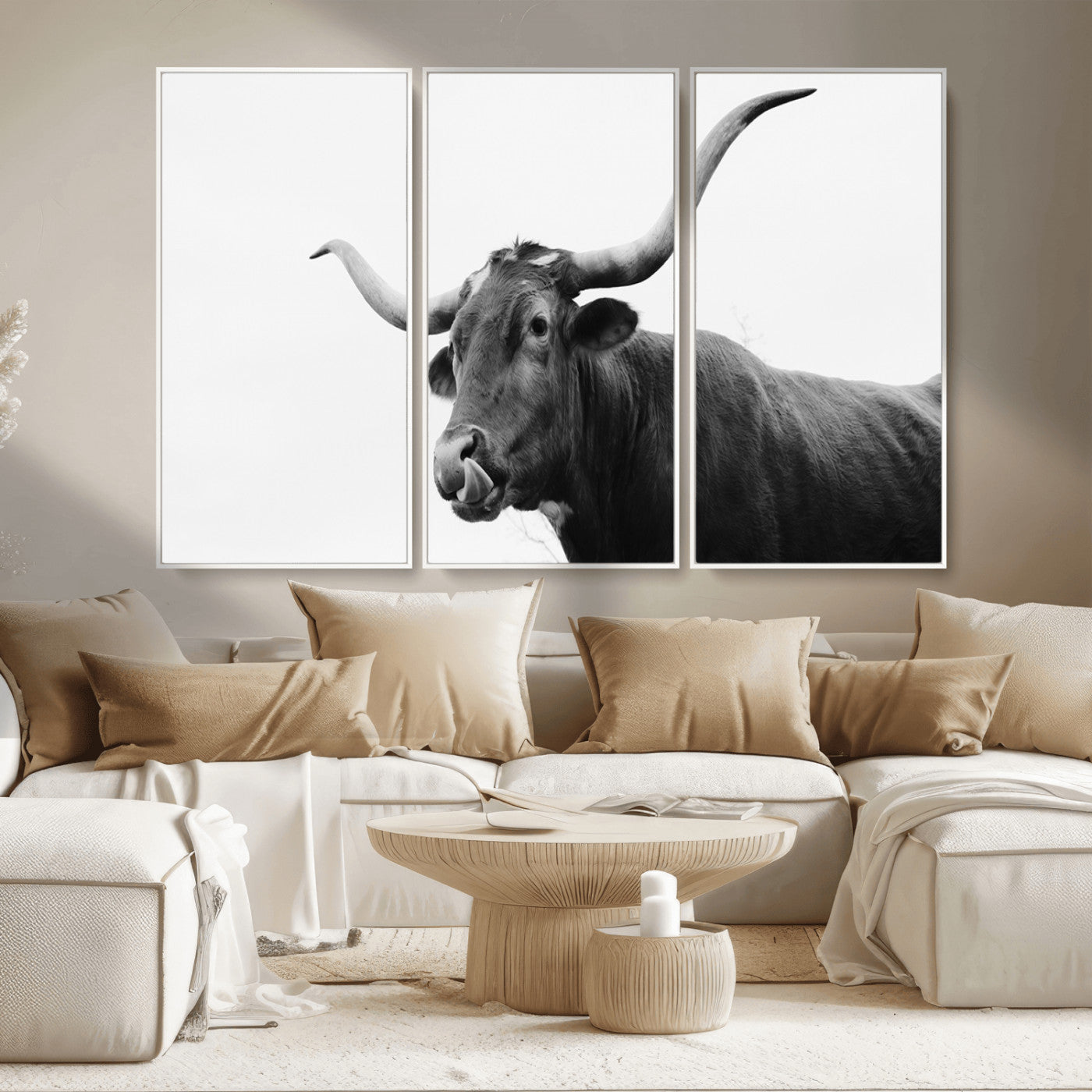 99244177-MGV-CV-36X24-Longhorn Photography Wall Art Canvas Print, Framed Western Cow Decor Art Picture Print, Black White Bull Perfect Modern Rustic