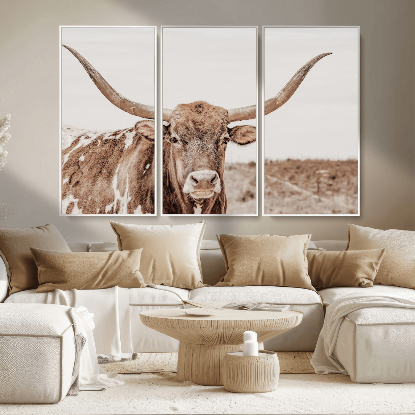 77810049-MGV-CV-36X24-Longhorn Bull Photo Wall Art Canvas Print, Framed Rustic Cow Decor Art Picture Print, Neutral Farmhouse Style Perfect Rustic