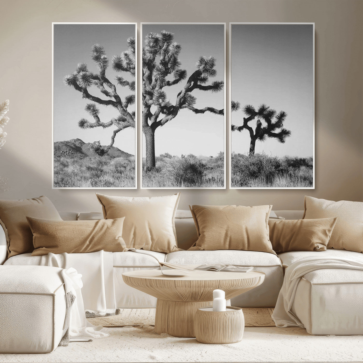 93692513-MGV-FC-48X32-3P_White-Joshua Tree Wall Art Canvas Print, Framed Monochrome Desert Art Picture Print, Minimalist Nature Scene Perfect Southwestern
