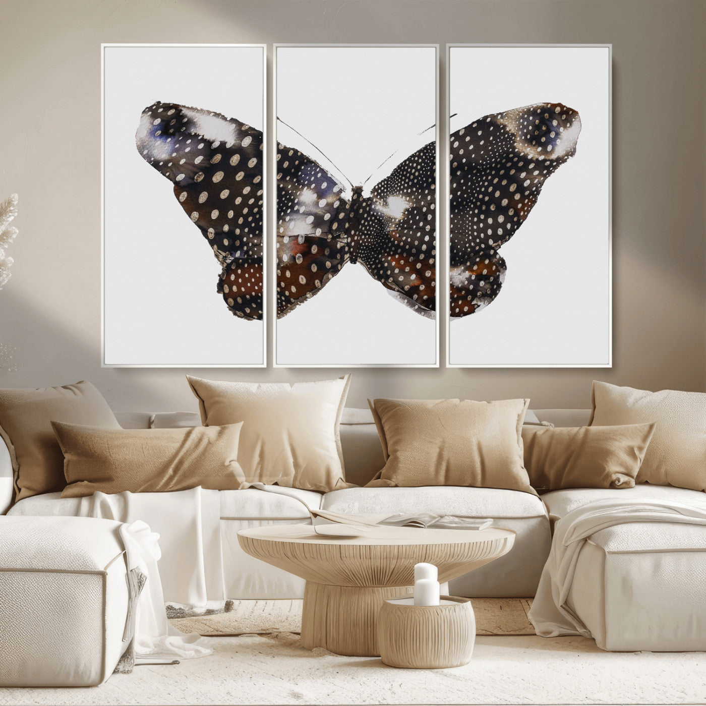 99831147-MGV-CV-36X24-Spotted Butterfly Wall Art Canvas Print, Framed Neutral Insect Theme Art Picture Print, Earthy Wing Pattern Perfect Modern Rustic