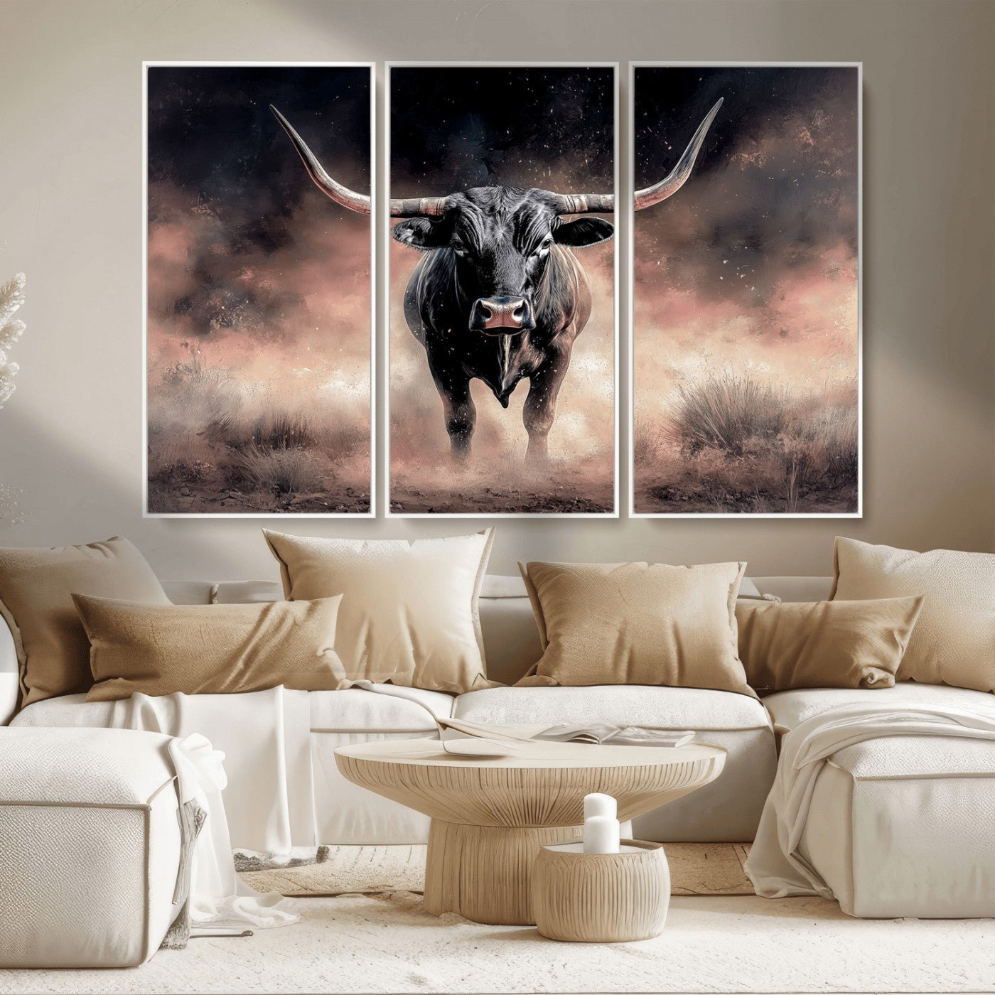 71457818-MGV-FC-48X32-3P_White-Longhorn Wall Art Wall Art Canvas Print, Framed Western Bull Canvas Art Picture Print, Rustic Cow Decor Perfect Western Dramatic