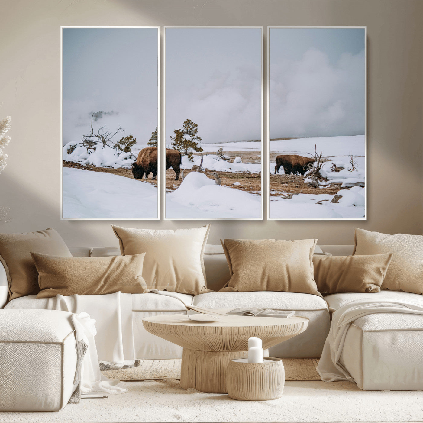 60308289-MGV-CV-36X24-Bison Wildlife Wall Art Canvas Print, Framed Snowy Prairie Art Picture Print, Western Landscape Perfect Rustic Winter Decor