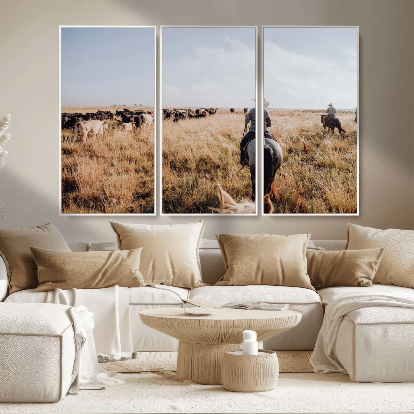 22431577-MGV-CV-36X24-Western Wall Art Wall Art Canvas Print, Framed Cowboy Canvas Art Picture Print, Cattle Drive Scene Perfect Rustic Western Decor