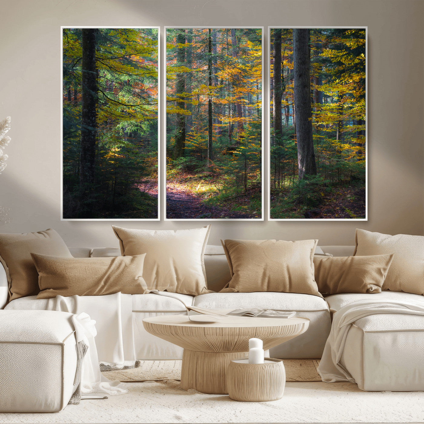 65810864-MGV-CV-36X24-Autumn Forest Wall Art Canvas Print, Framed Fall Woodland Art Picture Print, Golden Leaves Perfect Rustic Farmhouse Decor Artwork