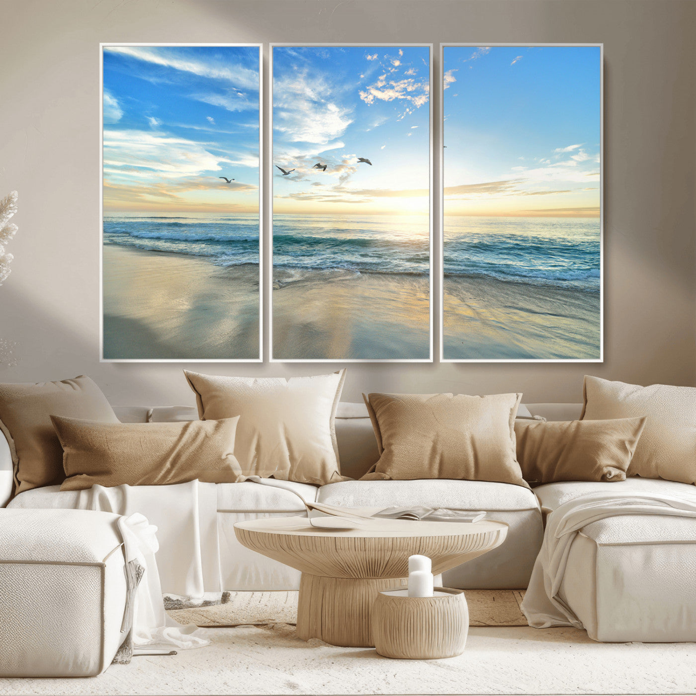 20708696-MGV-CV-36X24-Minimalist Seaside Wall Art Canvas Print, Framed Morning Glow Art Picture Print, Golden Reflections Perfect Coastal Minimalist