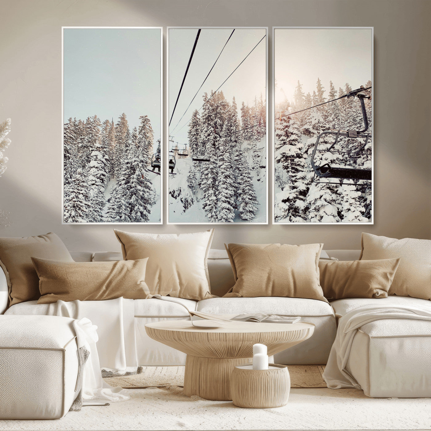 91534512-MGV-CV-36X24-Frosty Pines Wall Art Canvas Print, Framed Cozy Cabin View Art Picture Print, Ski Lift Ride Perfect Rustic Lodge Decor Artwork