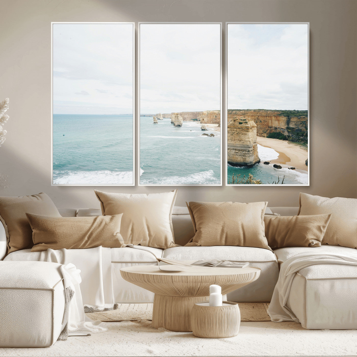 70095633-MGV-CV-36X24-Twelve Apostles Wall Art Canvas Print, Framed Coastal Cliffs Art Picture Print, Rugged Rock Formations Perfect Minimalist Coastal