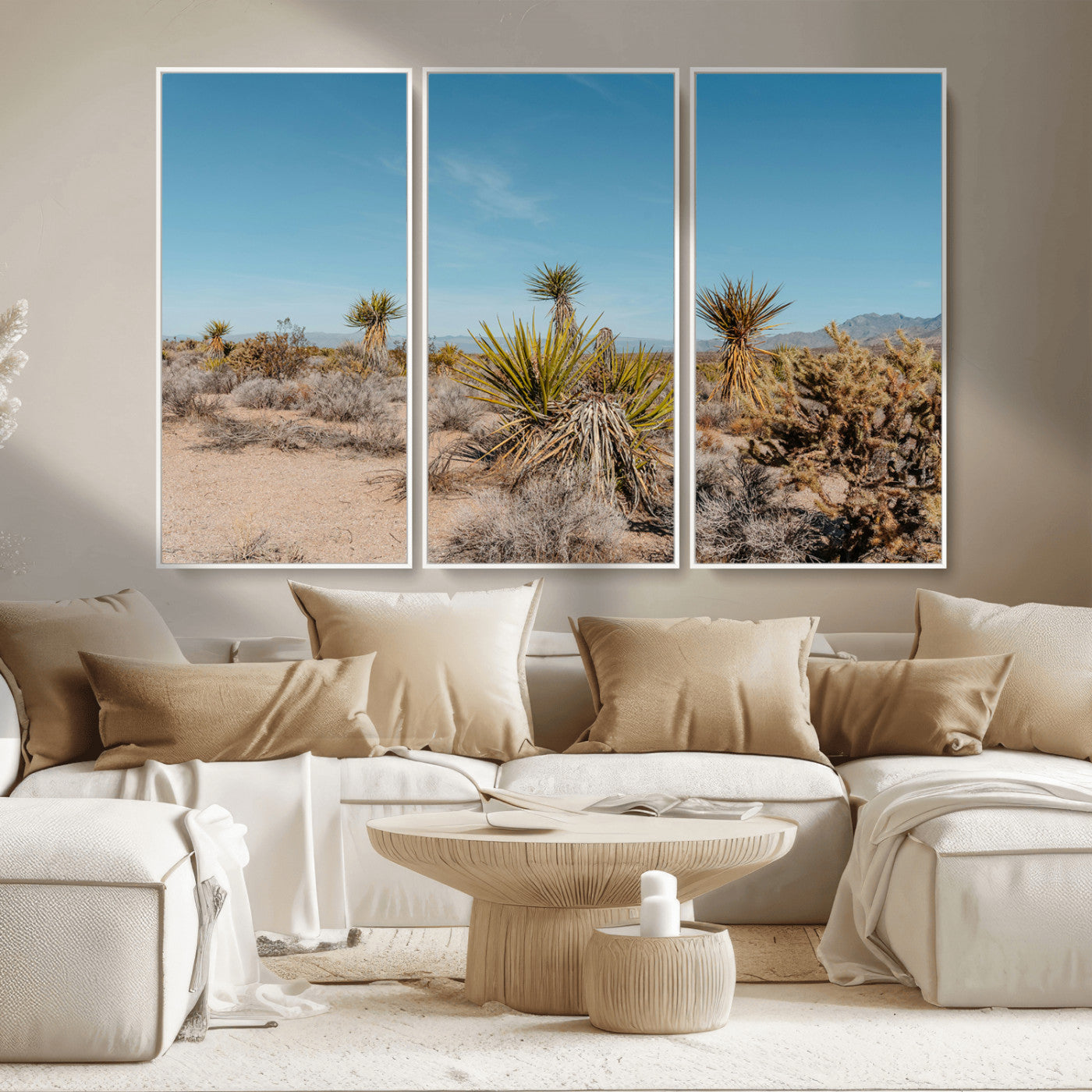 35156165-MGV-FC-48X32-3P_White-Joshua Tree Wall Art Canvas Print, Framed Desert Landscape Art Picture Print, Warm Earth Tones Perfect Southwestern Minimalist