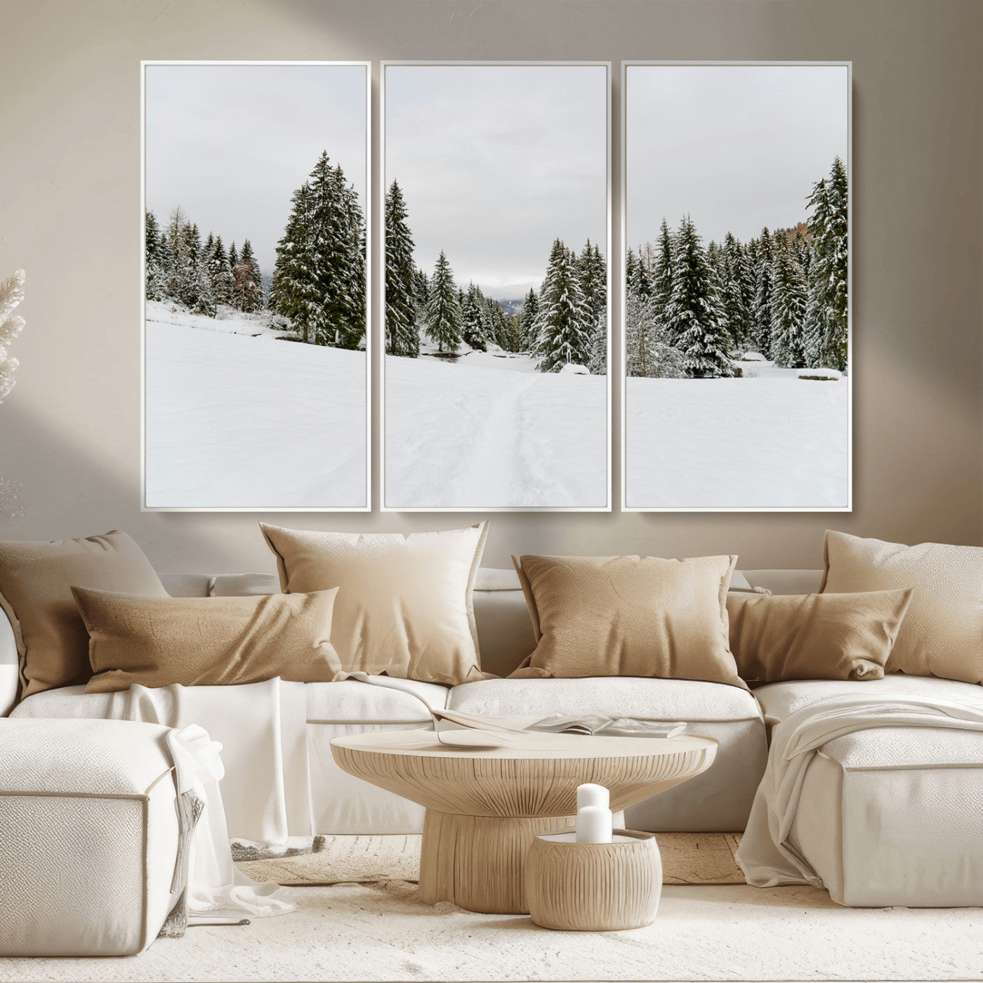 24581417-MGV-CV-36X24-Frosty Pines Wall Art Canvas Print, Framed Silent Snowfall Art Picture Print, Cozy Cabin Vibes Perfect Nordic Minimalist Decor