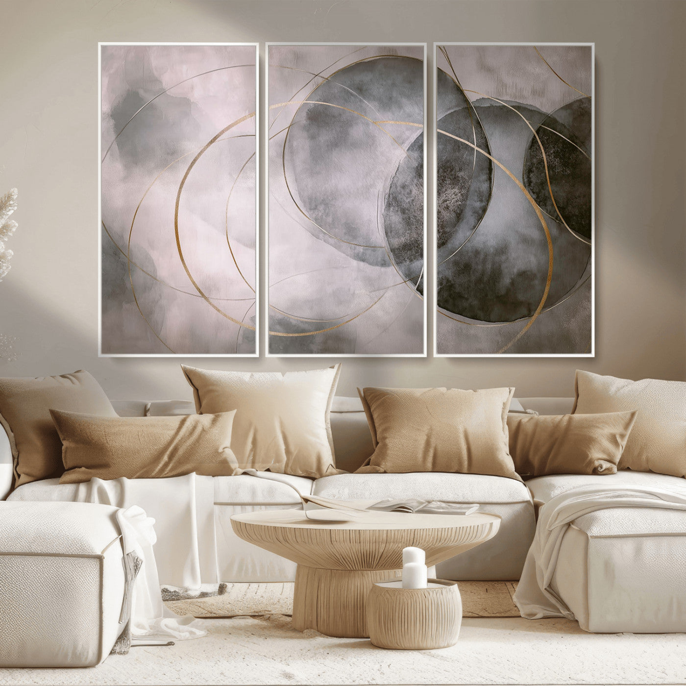 20066876-MGV-CV-36X24-Neutral Abstract Circle Wall Art – Modern Gray Beige Gold Canvas Print, Minimalist Geometric Painting for Bedroom, Living Room,