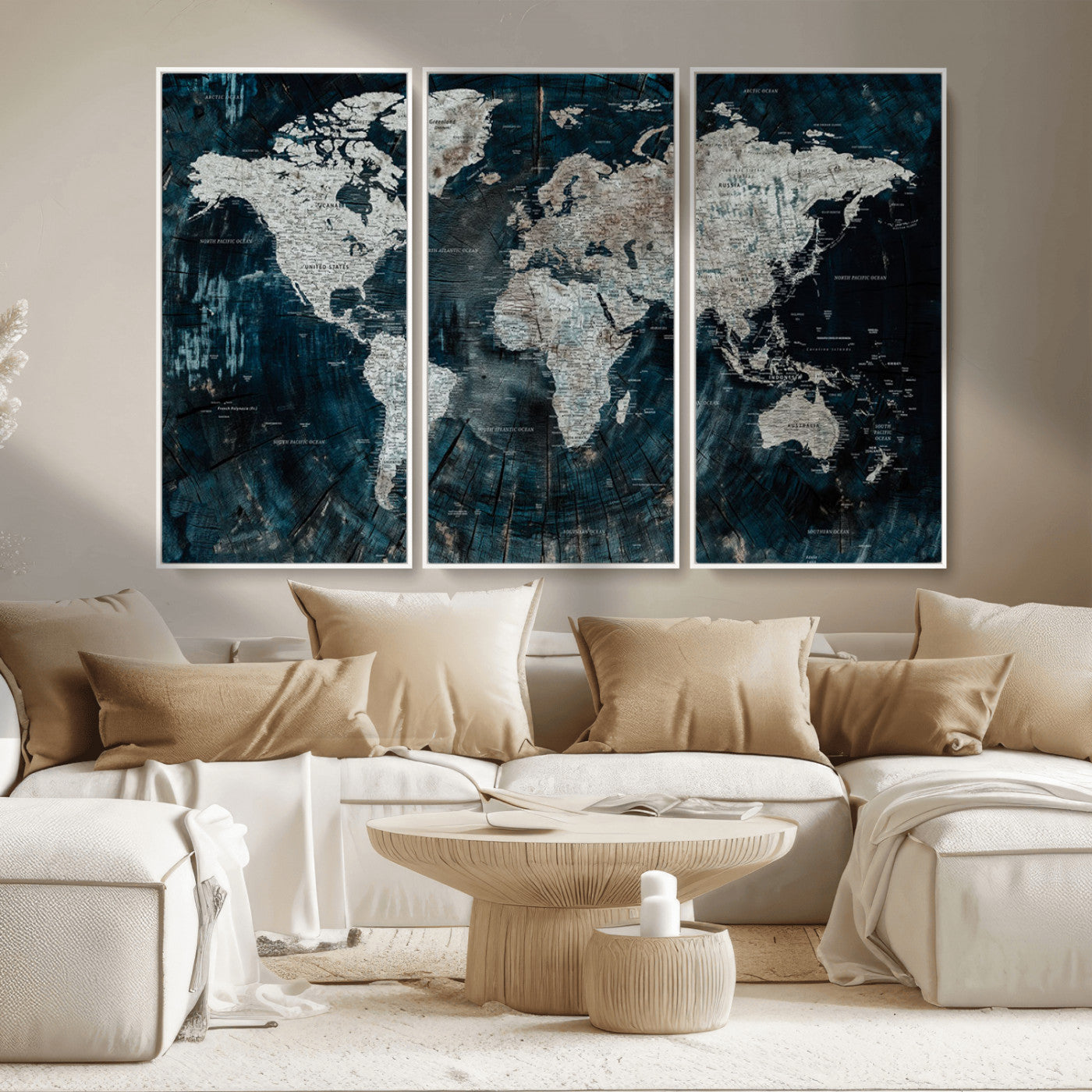 34425609-MGV-FC-48X32-3P_White-World Map Wall Art – Rustic Navy and Grey Atlas Canvas Print, Distressed Explorer Map Artwork, Industrial Style Decor for Office,