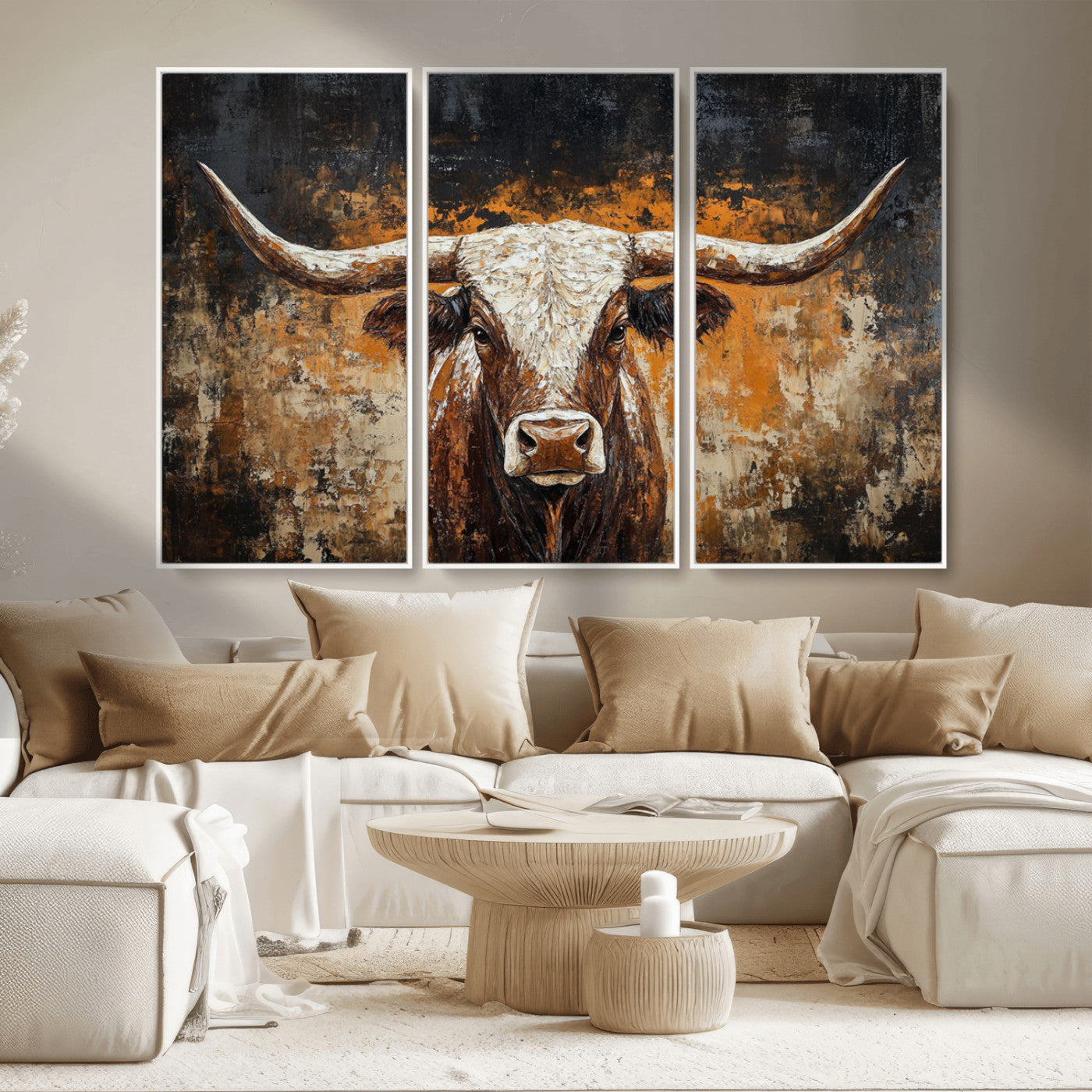 25265572-MGV-CV-36X24-Longhorn Bull Wall Art – Rustic Western Texas Steer Canvas Print, Textured Animal Painting for Home, Office, Man Cave or Farmhouse