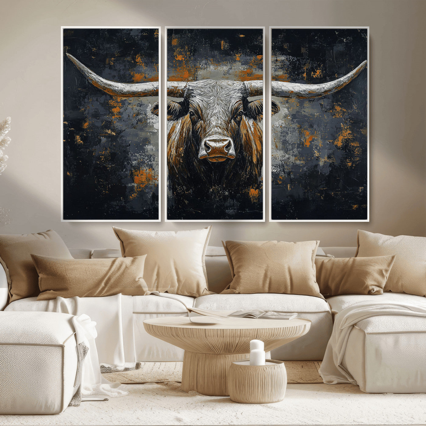 93195031-MGV-CV-36X24-Dark Longhorn Bull Wall Art – Western Steer Canvas Print, Moody Rustic Animal Painting for Man Cave, Ranch House, Office or Modern