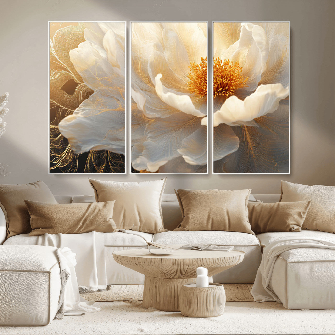 29539087-MGV-CV-36X24-Floral Wall Art – Elegant White and Gold Bloom Canvas Print, Romantic Modern Flower Artwork for Bedroom, Living Room, or Office