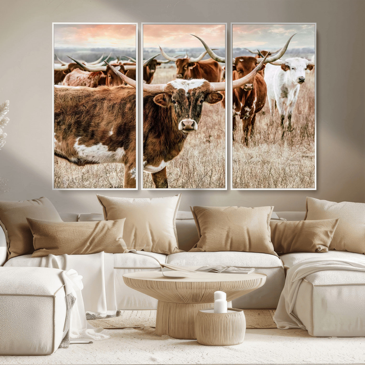 47758300-MGV-CV-36X24-Texas Longhorn Cattle Wall Art – Rustic Western Herd Canvas Print, Cowboy Ranch Farmhouse Decor for Living Room, Office, or