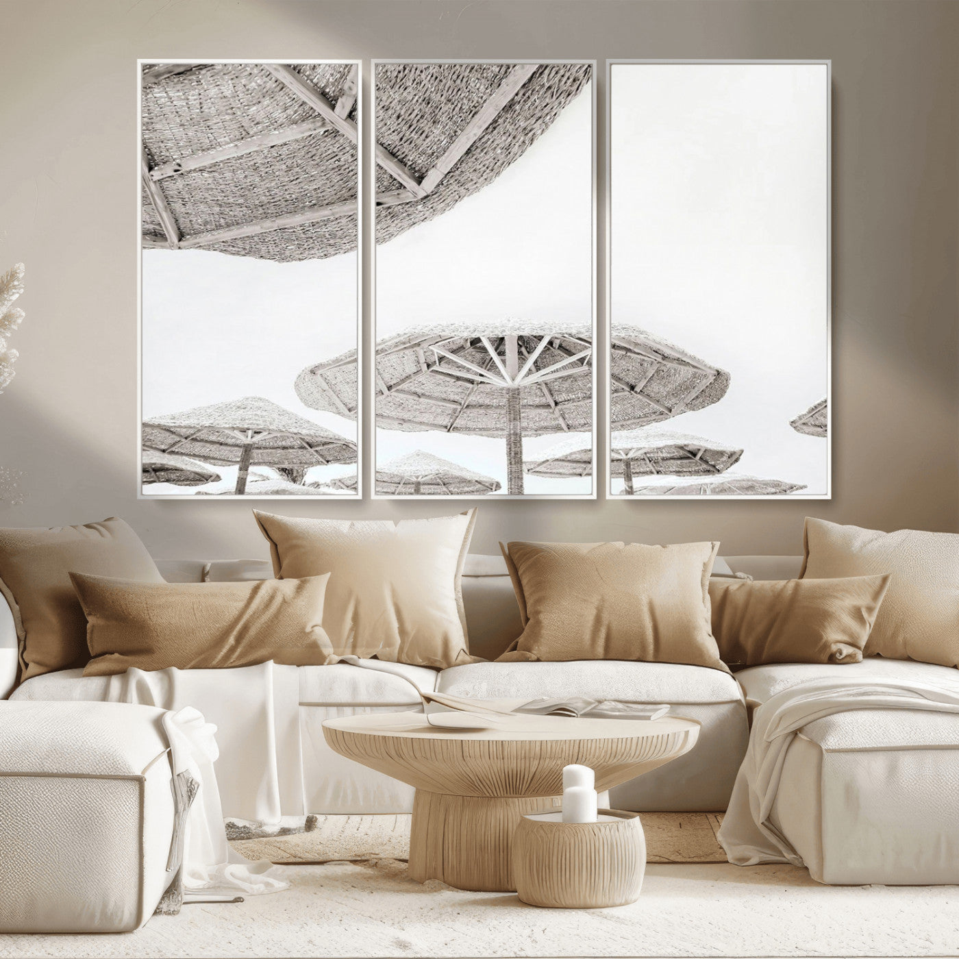 97043123-MGV-CV-36X24-Beach Umbrella Wall Art – Minimalist Coastal Canvas Print, Woven Parasol Summer Decor for Bedroom, Living Room, or Modern Beach