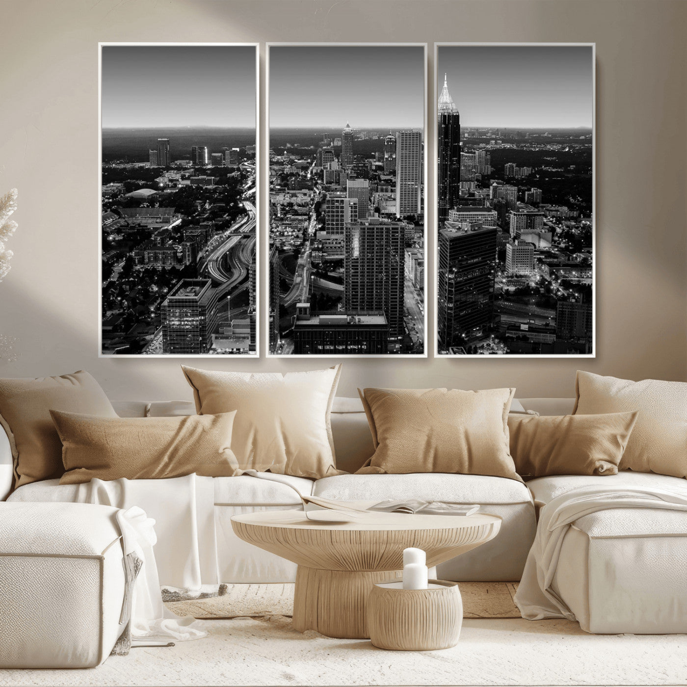 46578567-MGV-CV-36X24-Atlanta Skyline Wall Art – Black and White Cityscape Canvas Print, Modern Urban Night Decor for Office, Living Room, or Apartment