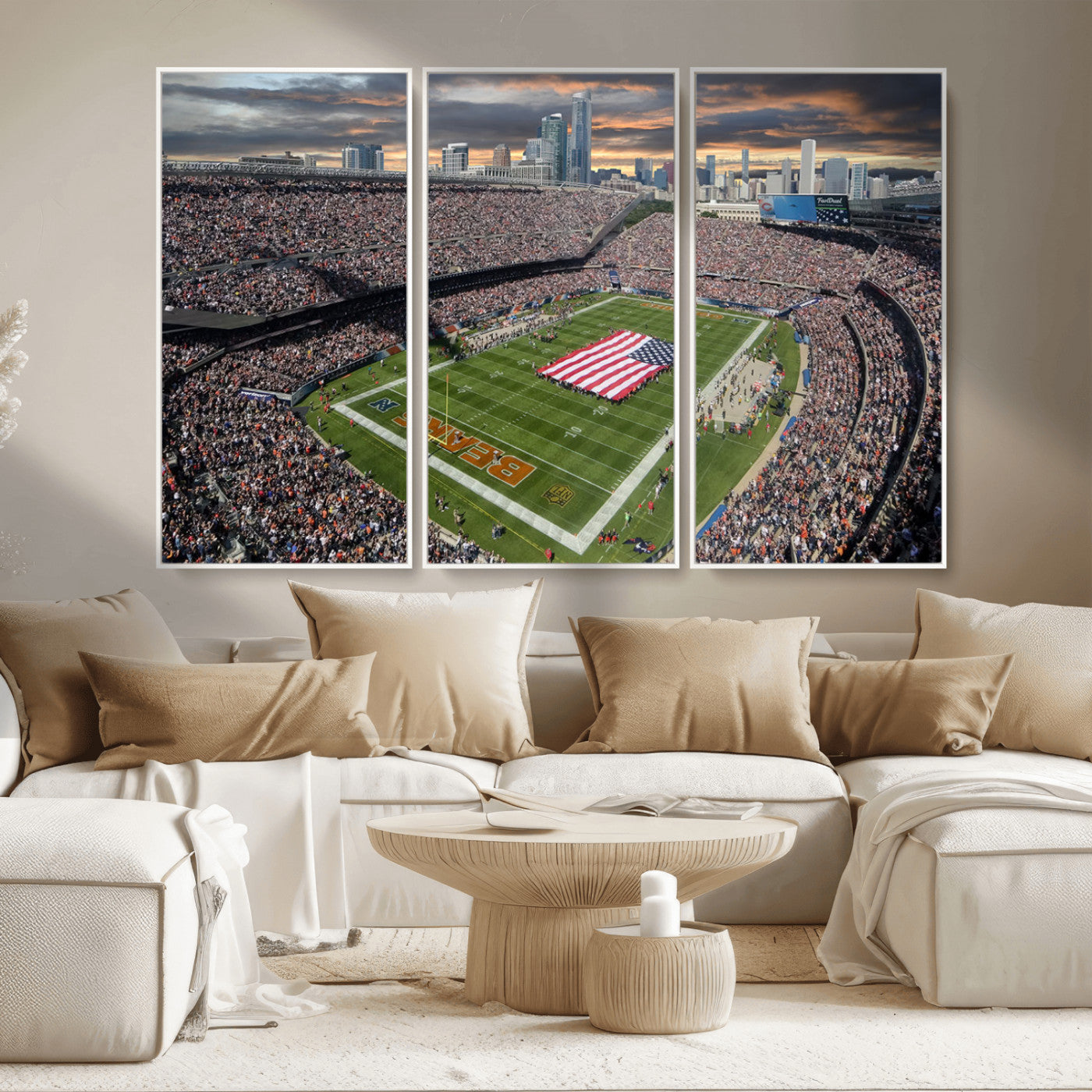 98106777-MGV-CV-36X24-Soldier Field Wall Art – Chicago Bears Stadium Canvas Print with American Flag, Game Day Football Decor for Man Cave, Bar, or