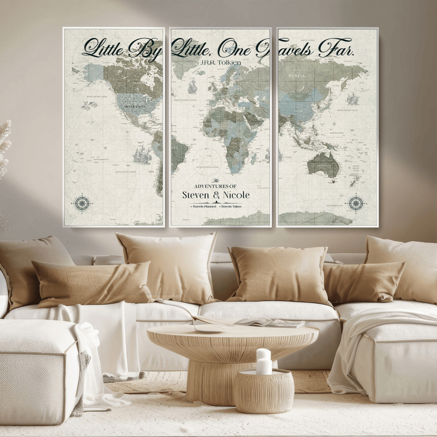 10693204-MGV-CV-36X24-Little By Little One Travels Far Tolkien Quote Blue Green World Map Adventure Wall Art Canvas Print Rustic Wanderlust Travel Decor