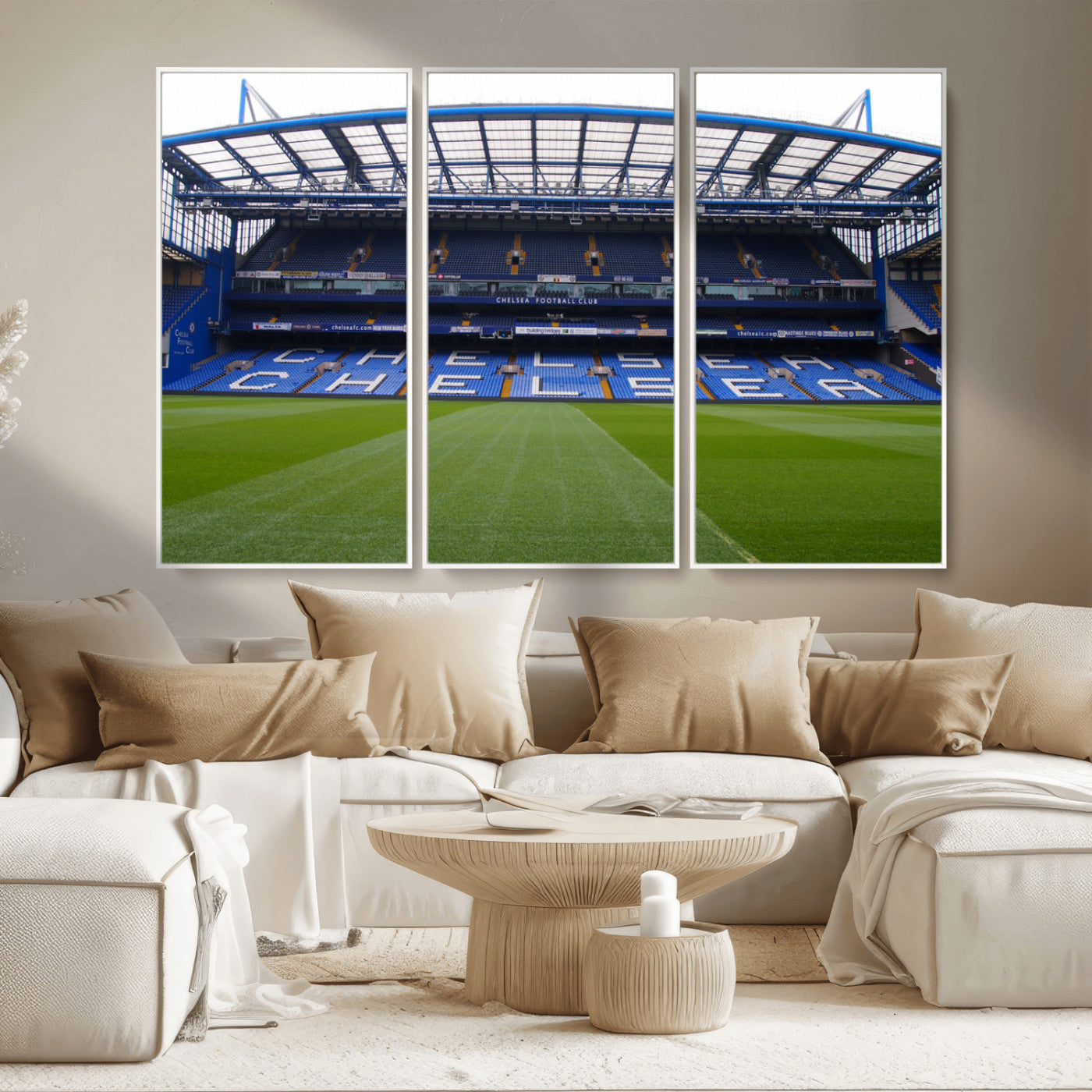 38616413CHELSA-MGV-CV-36X24-Chelsea Stadium Wall Art – Panoramic Football Field Canvas Print, Game Day Sports Decor for Living Room, Office, or Man Cave