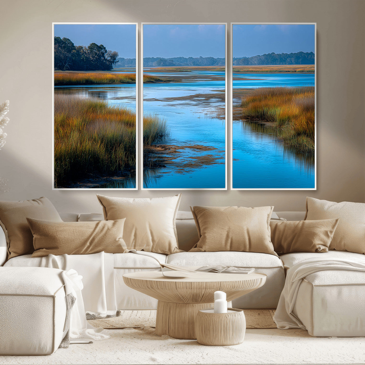 26300004-MGV-CV-36X24-Tranquil Marshland Canvas Wall Art – Blue Water, Reflective Sky, Golden Grasses, Calm Nature Landscape, Scenic Outdoor Beauty for