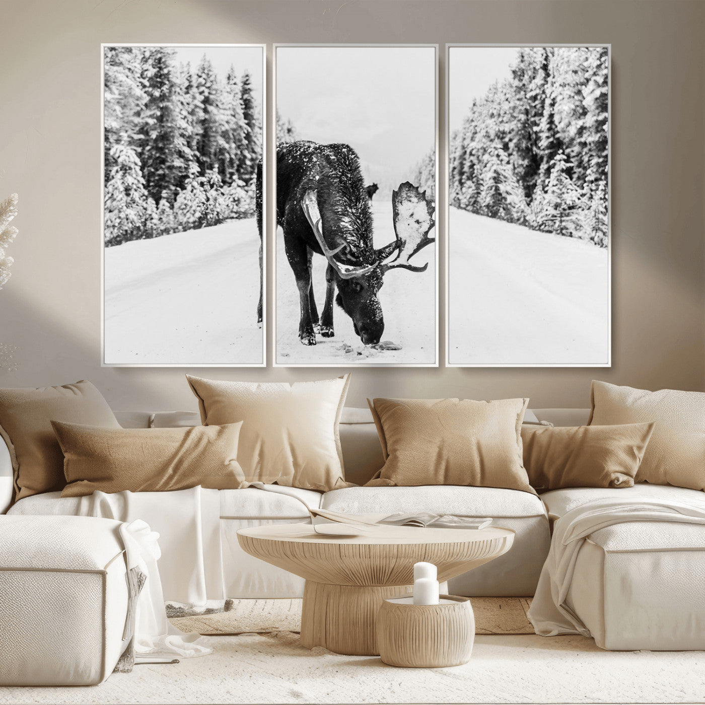 38956835-MGV-CV-36X24-Moose Wall Art – Black and White Wildlife Canvas Print with Snowy Forest Road, Rustic Nature Photography for Cabin, Lodge, Living