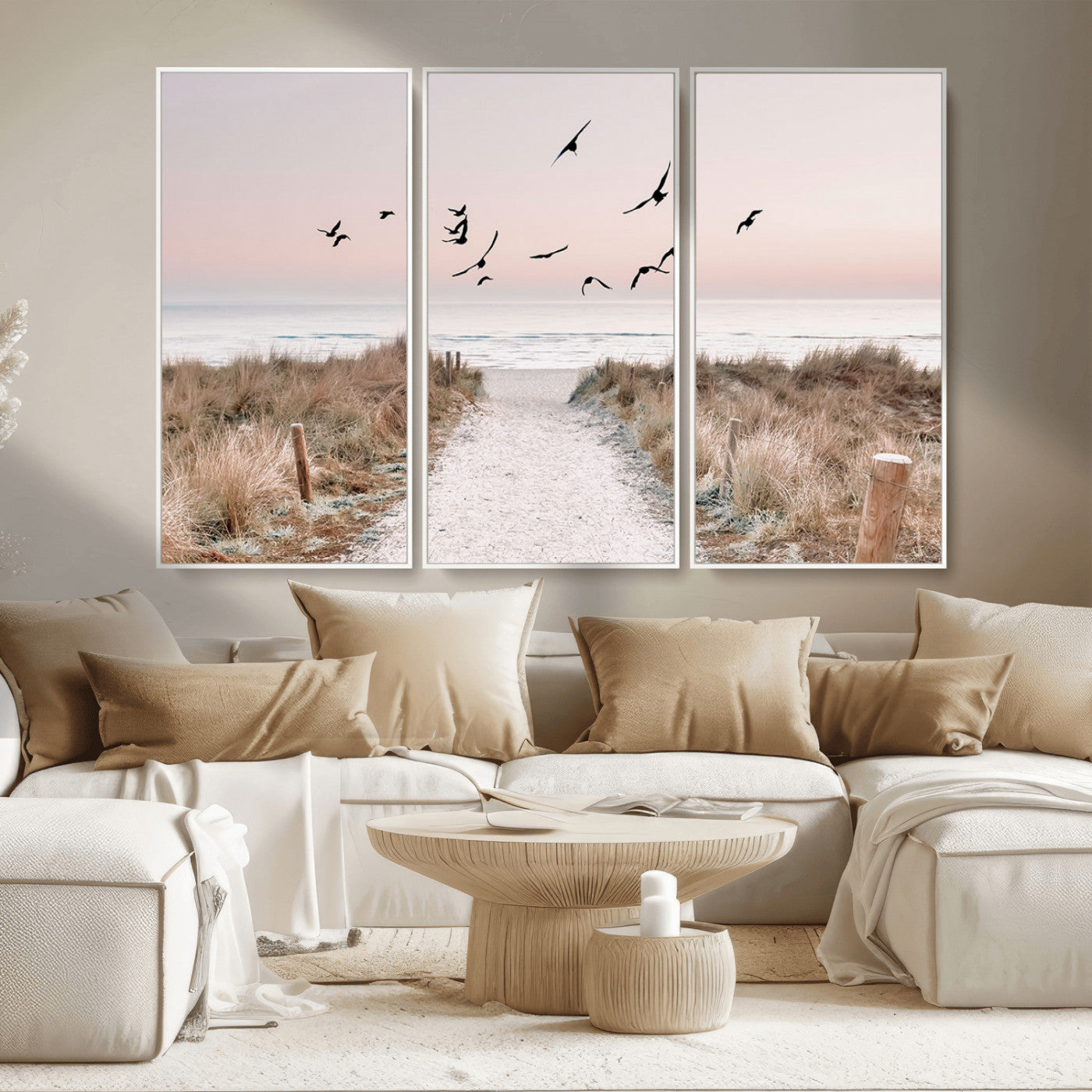 34632598-MGV-CV-36X24-Beach Pathway Wall Art – Coastal Canvas Print with Sandy Trail, Flying Birds and Pastel Sky, Serene Ocean Landscape Photography