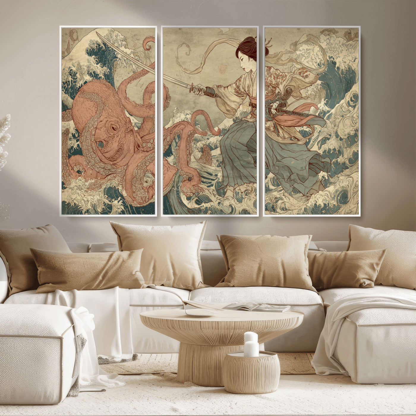 54879547-MGV-CV-36X24-Tsukioka Yoshitoshi Samurai Wall Art Print, Japanese Katana Warrior Canvas Wall Art, Octopus Sea Monster Canvas Print,