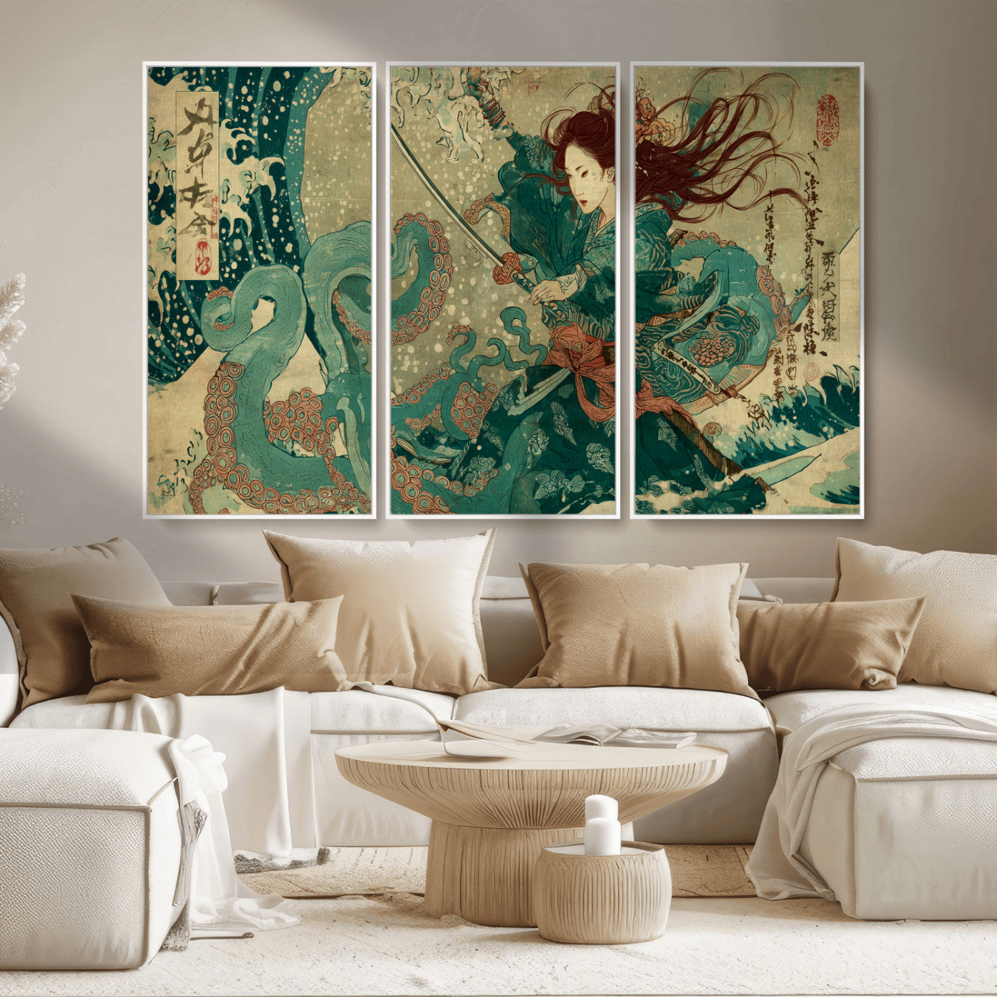 86918027-MGV-CV-36X24-Samurai Warrior vs Octopus Wall Art – Japanese Ukiyo-e Ocean Battle Canvas Print, Traditional Samurai Artwork for Living Room,