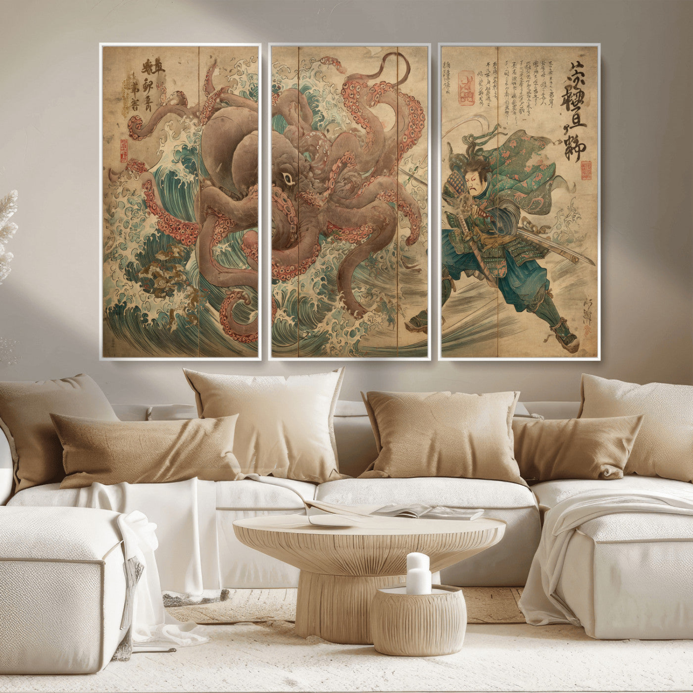63782167-MGV-CV-36X24-Tsukioka Yoshitoshi Samurai Wall Art Print, Japanese Katana Warrior Canvas Wall Art, Octopus Sea Monster Canvas Print,