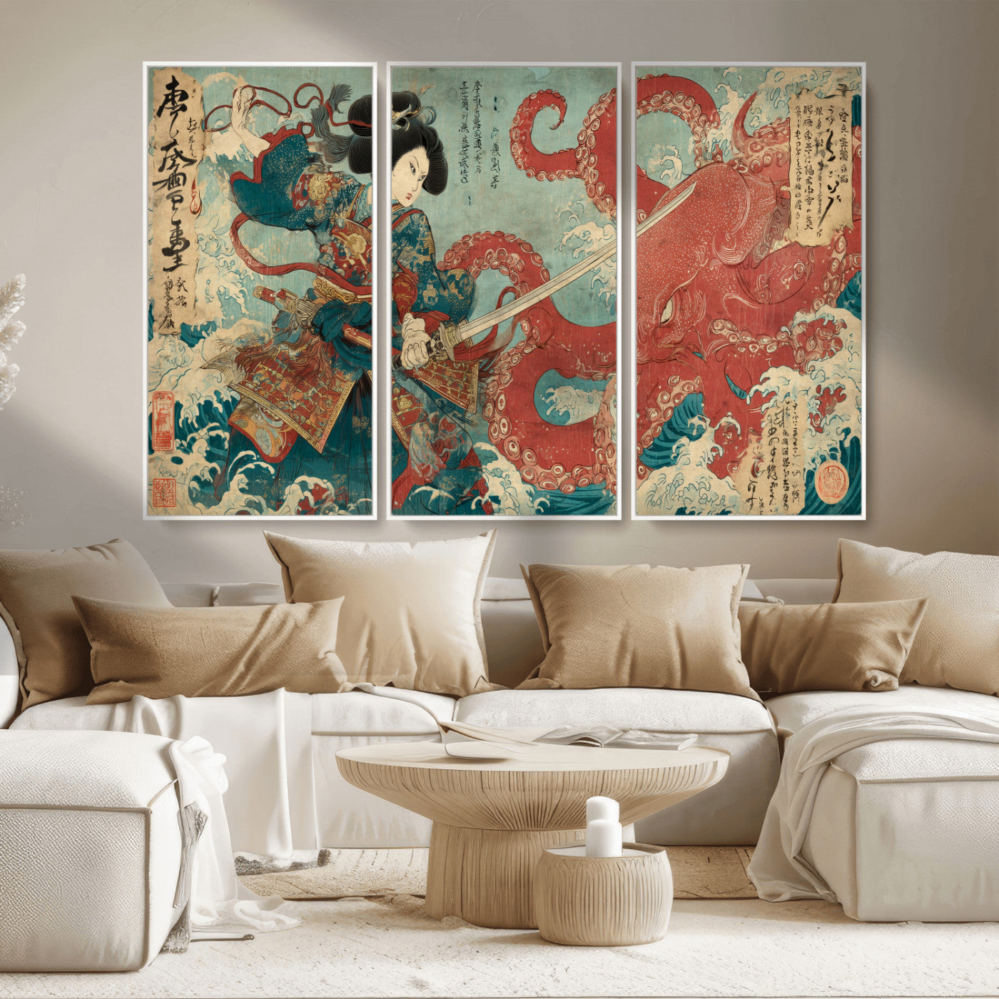 68844327-MGV-CV-36X24-Tsukioka Yoshitoshi Samurai Wall Art Print, Japanese Katana Warrior Canvas Wall Art, Octopus Sea Monster Canvas Print,