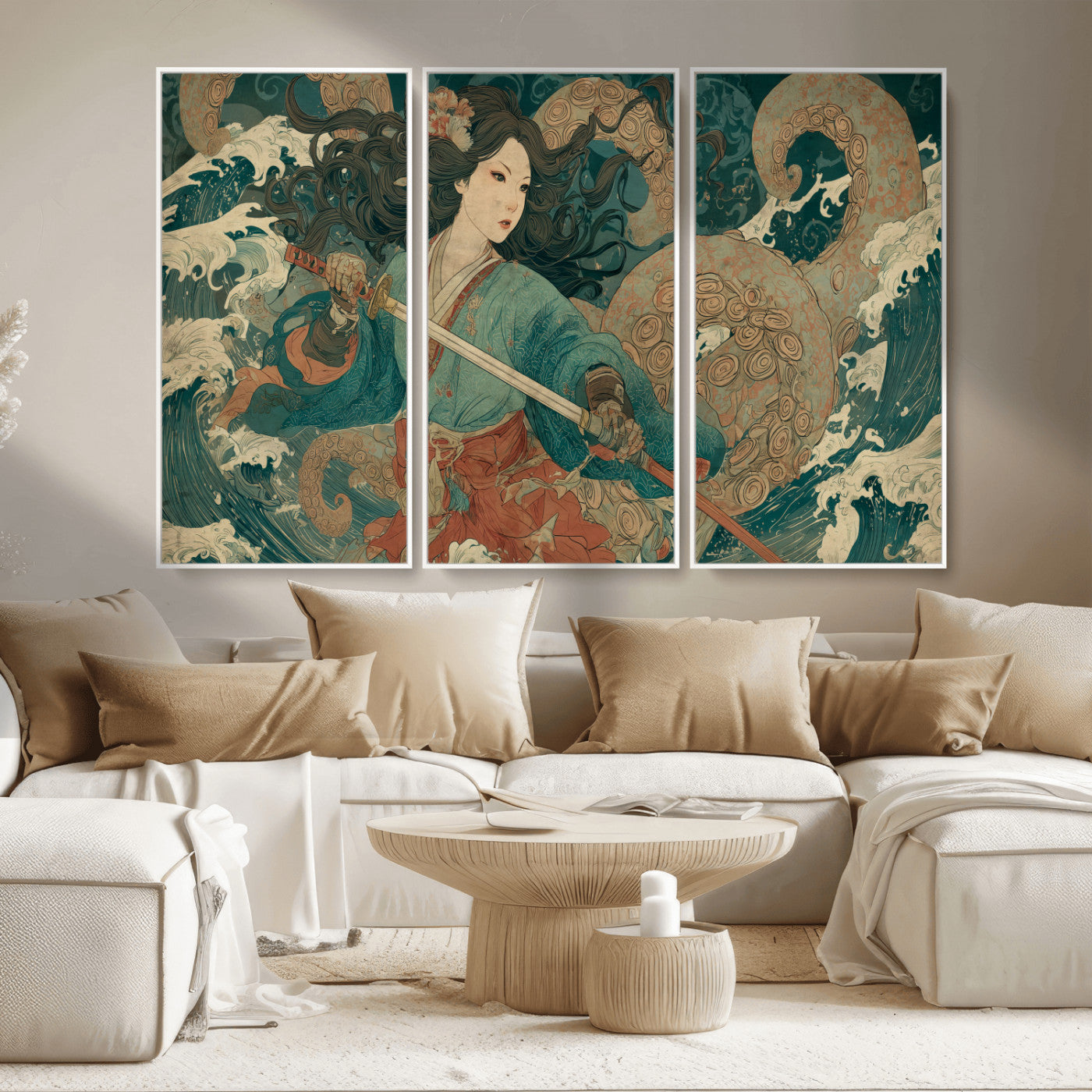 79740258-MGV-CV-36X24-Samurai Woman vs Octopus Wall Art – Japanese Ukiyo-e Blue Kimono Canvas Print, Ocean Battle Artwork for Living Room, Office, Man