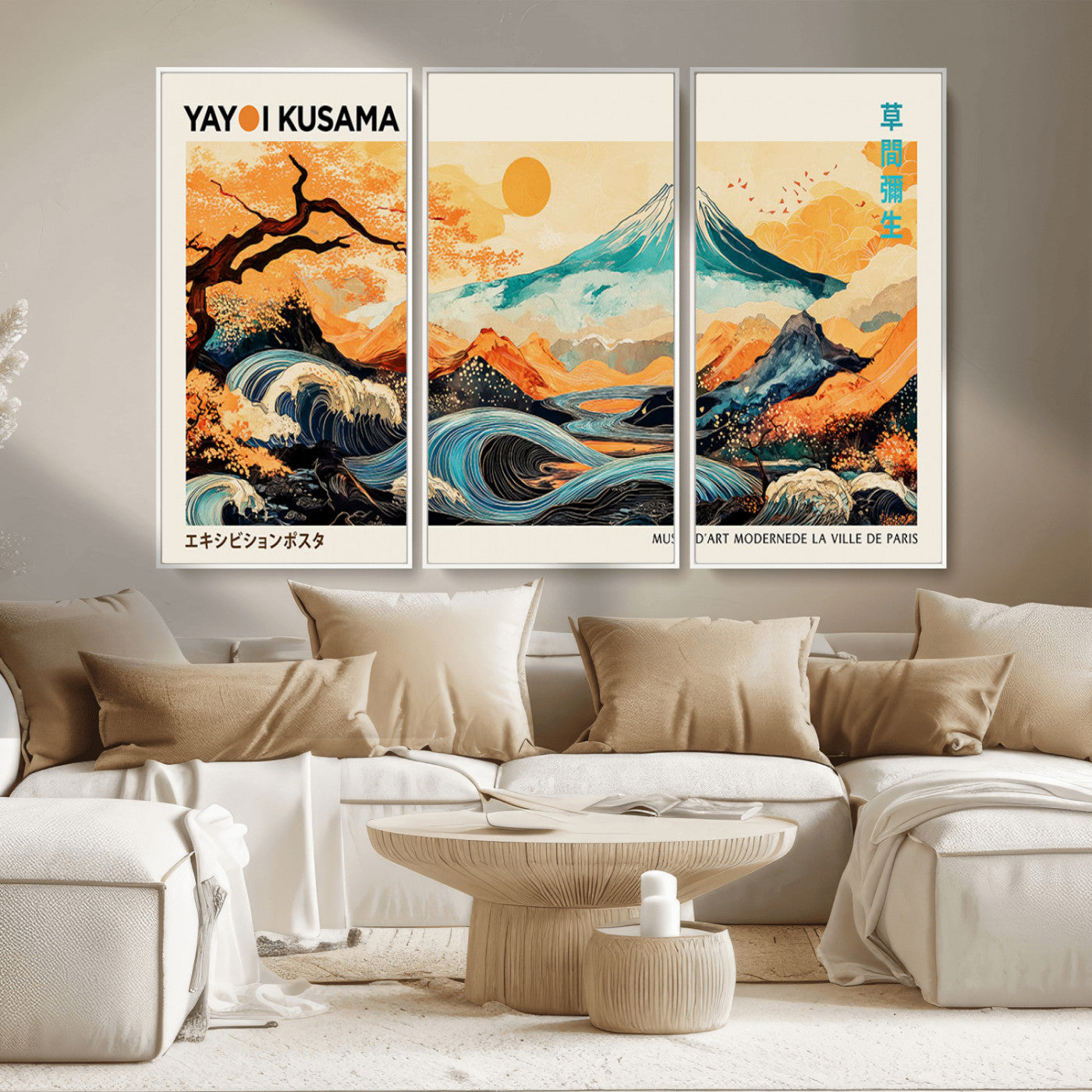 94085549-MGV-CV-36X24-Yayoi Kusama Inspired Japanese Landscape Art Print – Vibrant Mount Fuji, Waves & Autumn Trees, Modern Decorative Poster for