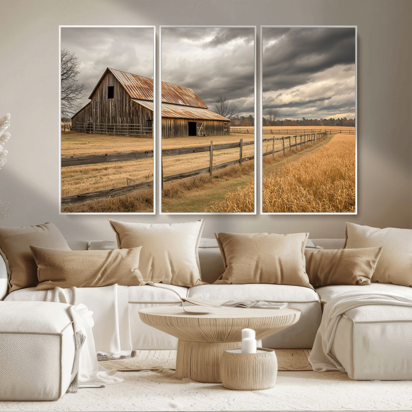 21991117-MGV-CV-36X24-Rustic Barn Wall Art – Weathered Farmhouse Canvas Print, Stormy Sky and Golden Field Photography Decor for Bedroom, Living Room,