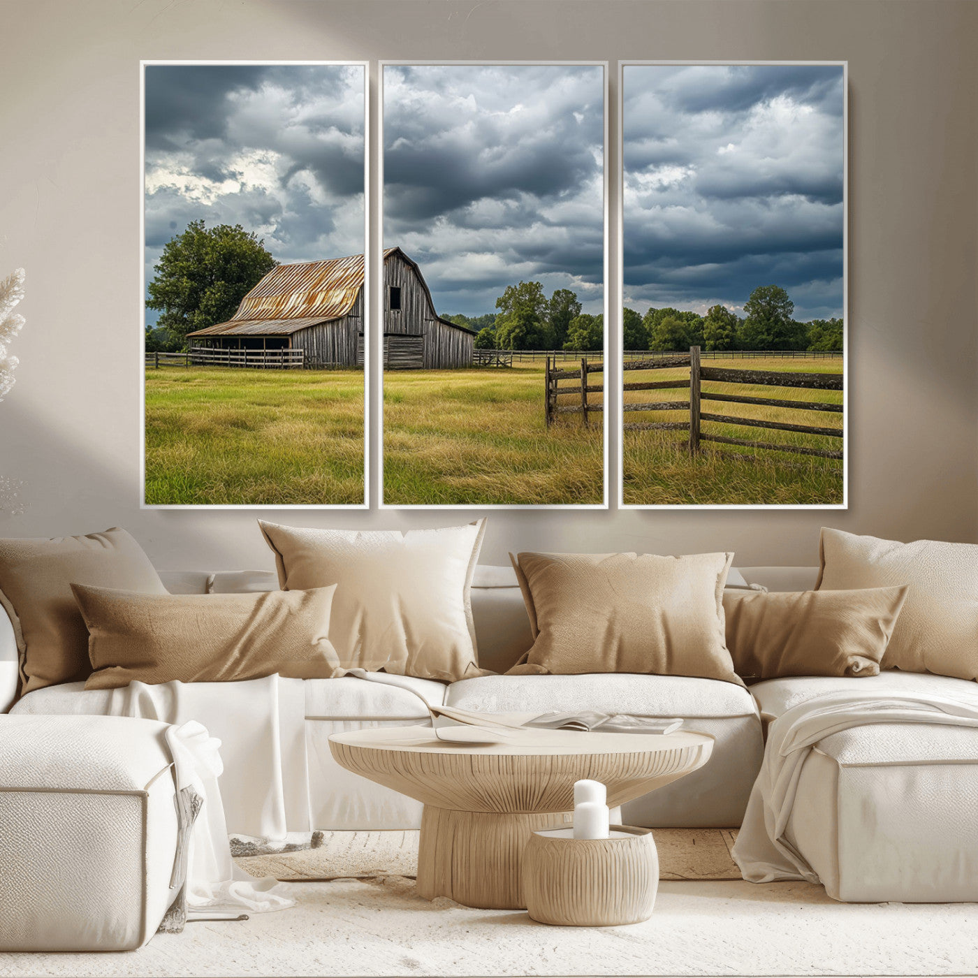 39409517-MGV-CV-36X24-Rustic Barn Wall Art – Weathered Farmhouse and Storm Clouds Canvas Print, Country Landscape Photography Decor for Bedroom, Living