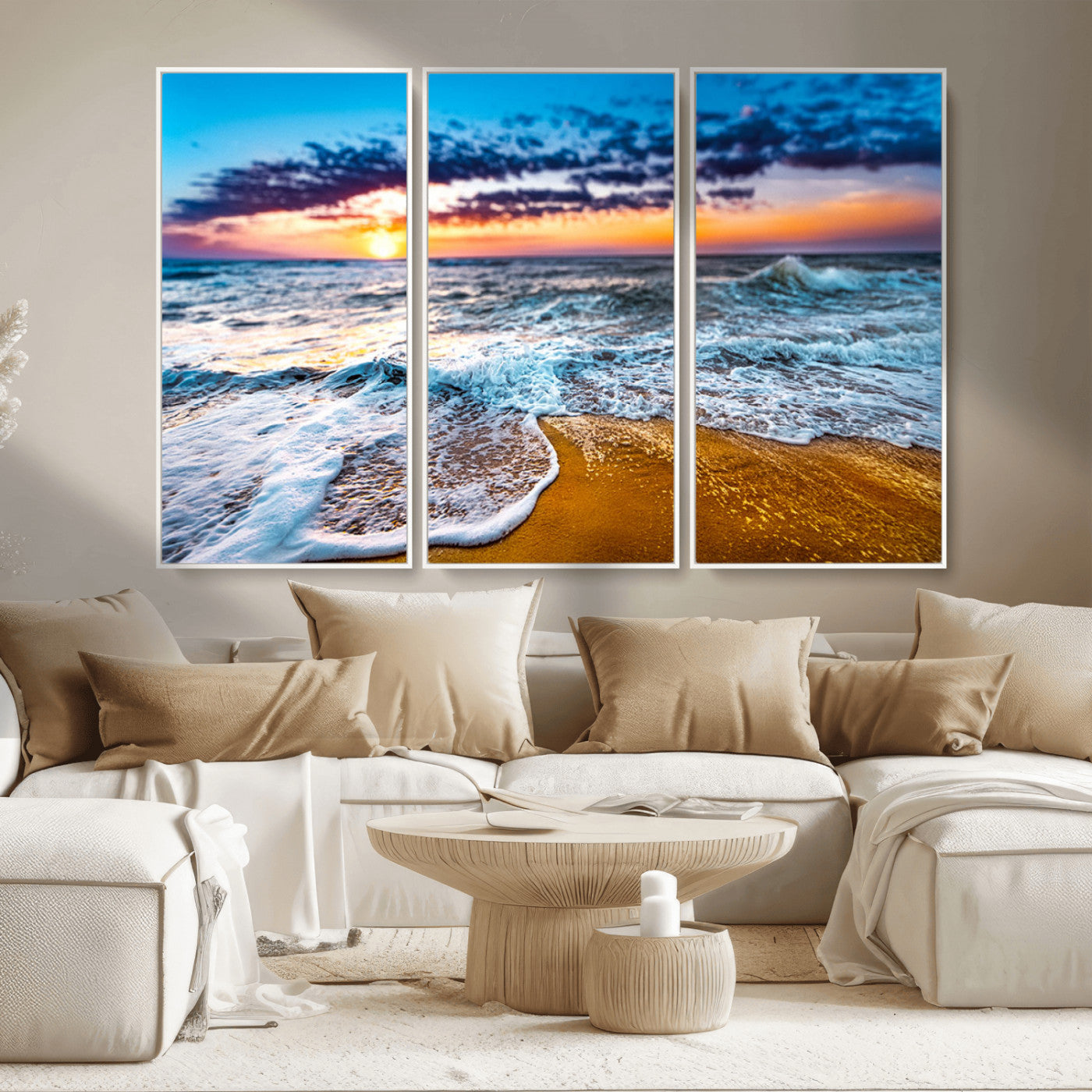24077769-MGV-CV-36X24-Sunset Beach Wall Art – Ocean Waves Canvas Print, Golden Shoreline Photography Coastal Decor for Living Room, Bedroom, Office,