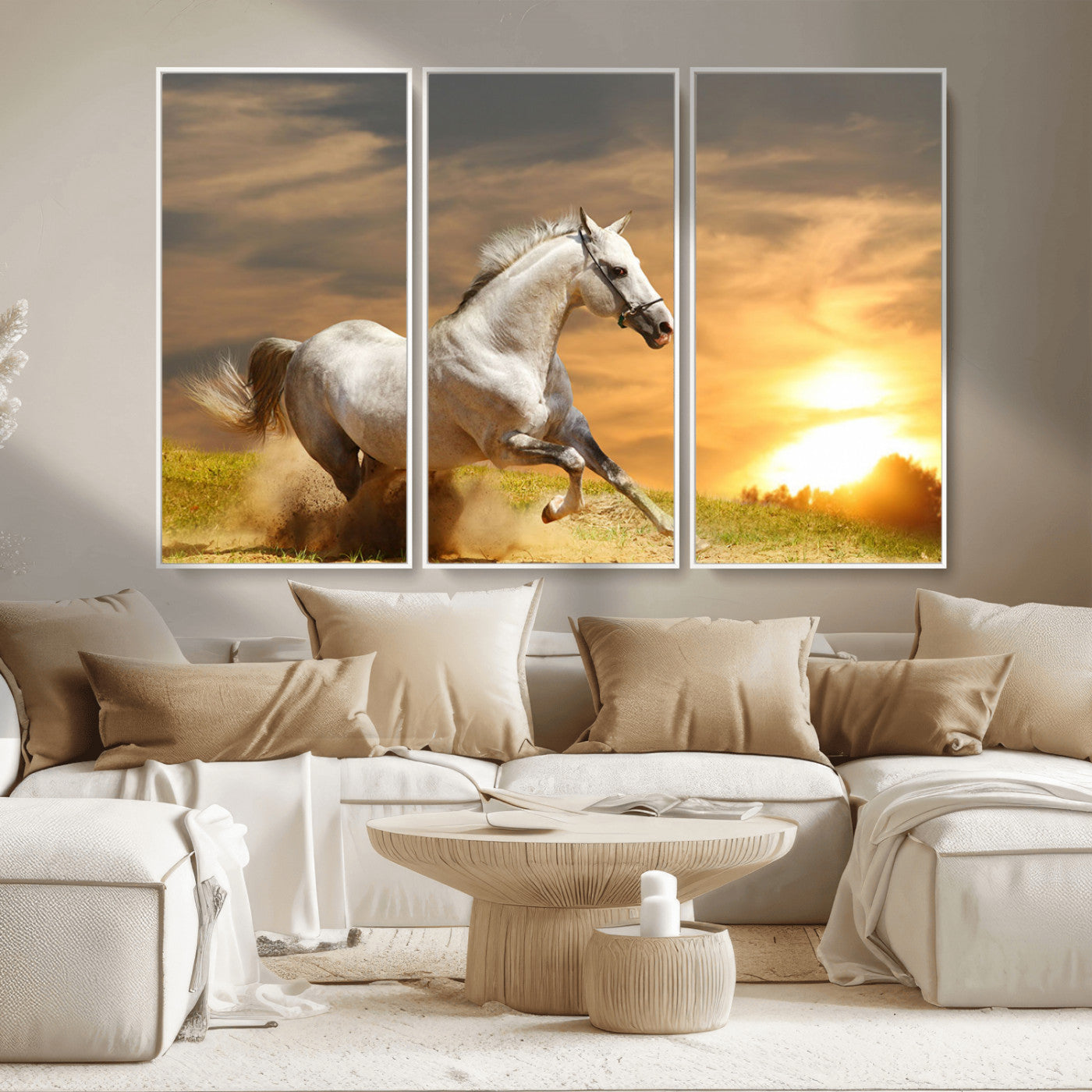 67478480-MGV-CV-36X24-White Horse Running at Sunset Wall Art – Majestic Equestrian Photography Print, Rustic Farmhouse Decor, Golden Sky Horse Lover