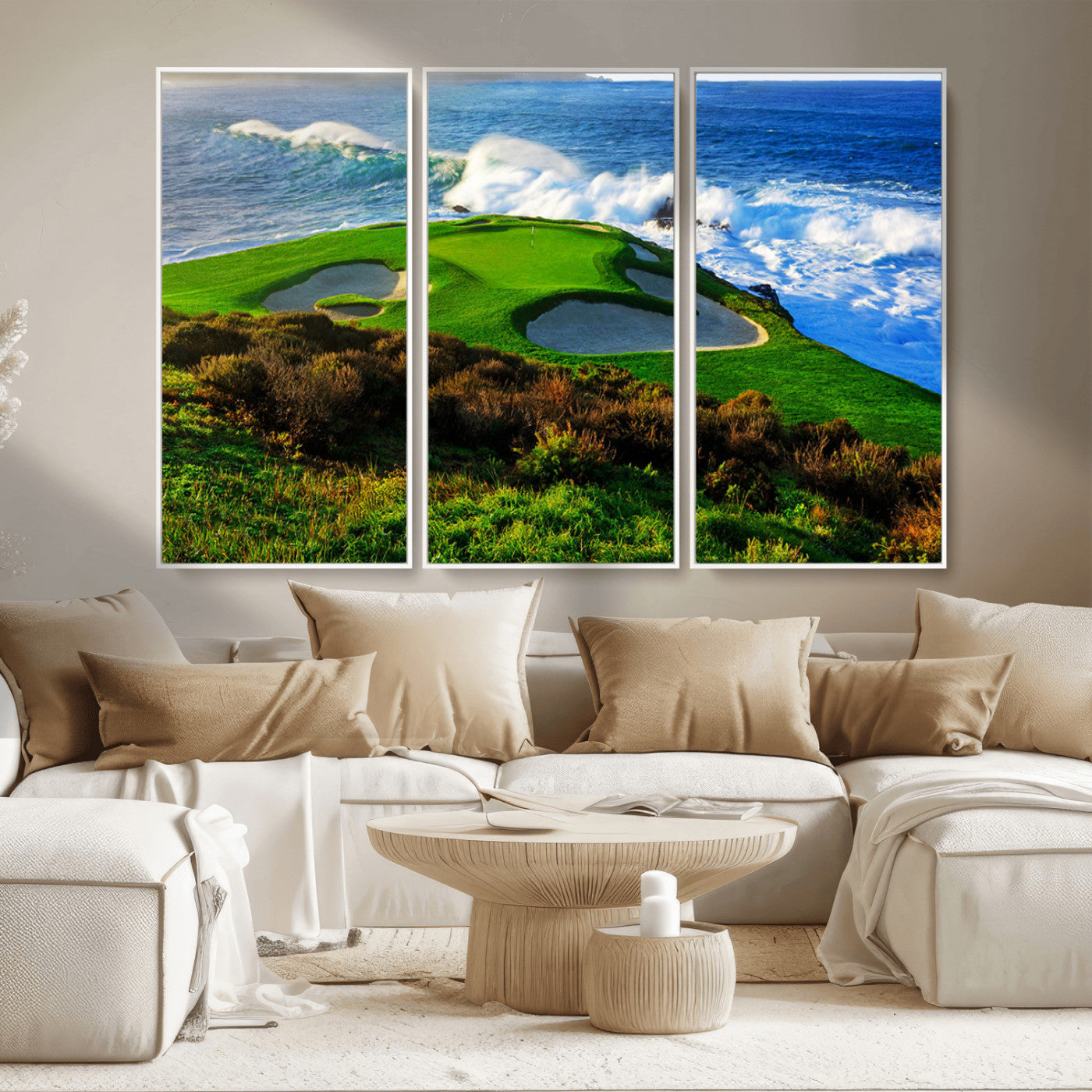 34181847-MGV-CV-36X24-Coastal Golf Course Wall Art – Panoramic Ocean Fairway Canvas Print, Scenic Sports Photography Decor for Office, Man Cave, Living