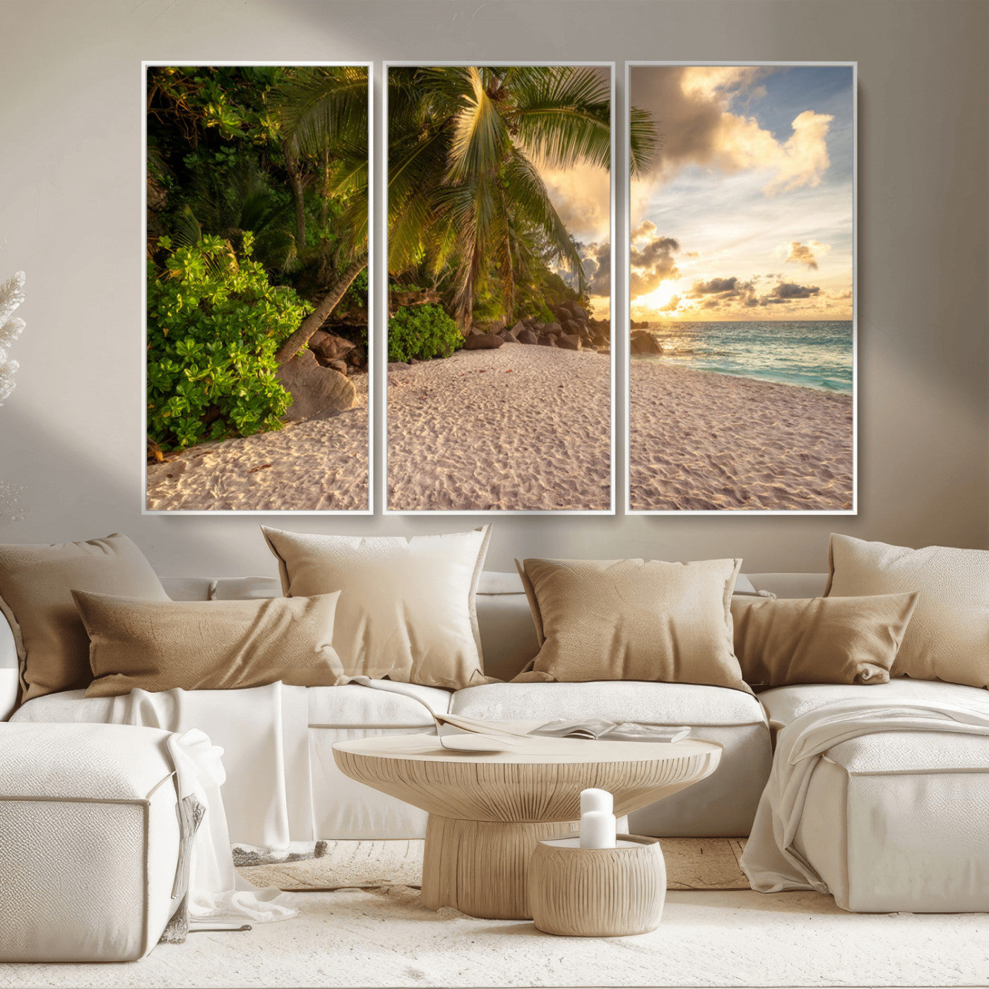 89531159-MGV-CV-36X24-Tropical Beach Sunset Canvas Wall Art – Palm Trees Golden Sand Ocean Waves Coastal Paradise Print for Beach House Bedroom Bathroom