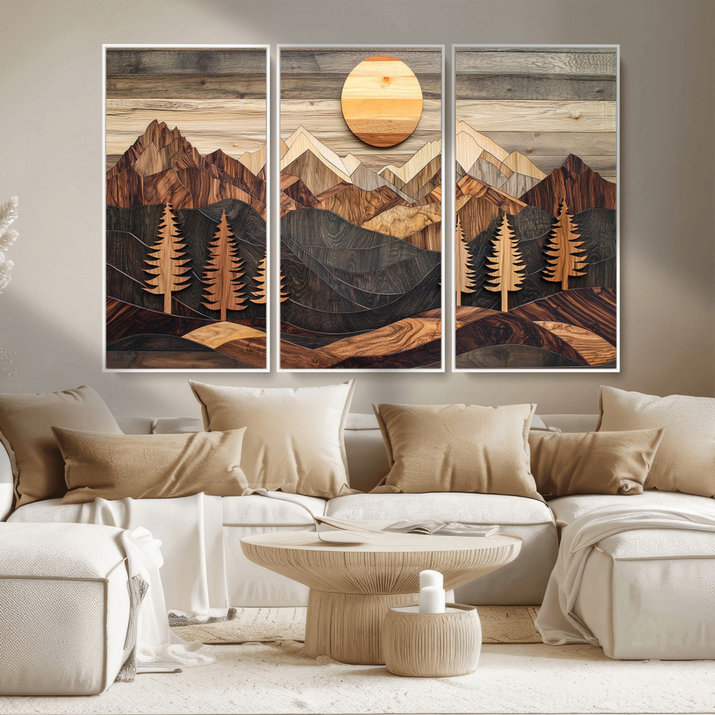 90044381-MGV-CV-36X24-Rustic Wall Art – Wooden Mountain Landscape with Sun and Pine Trees, Handcrafted Nature Canvas Style Decor for Bedroom, Living