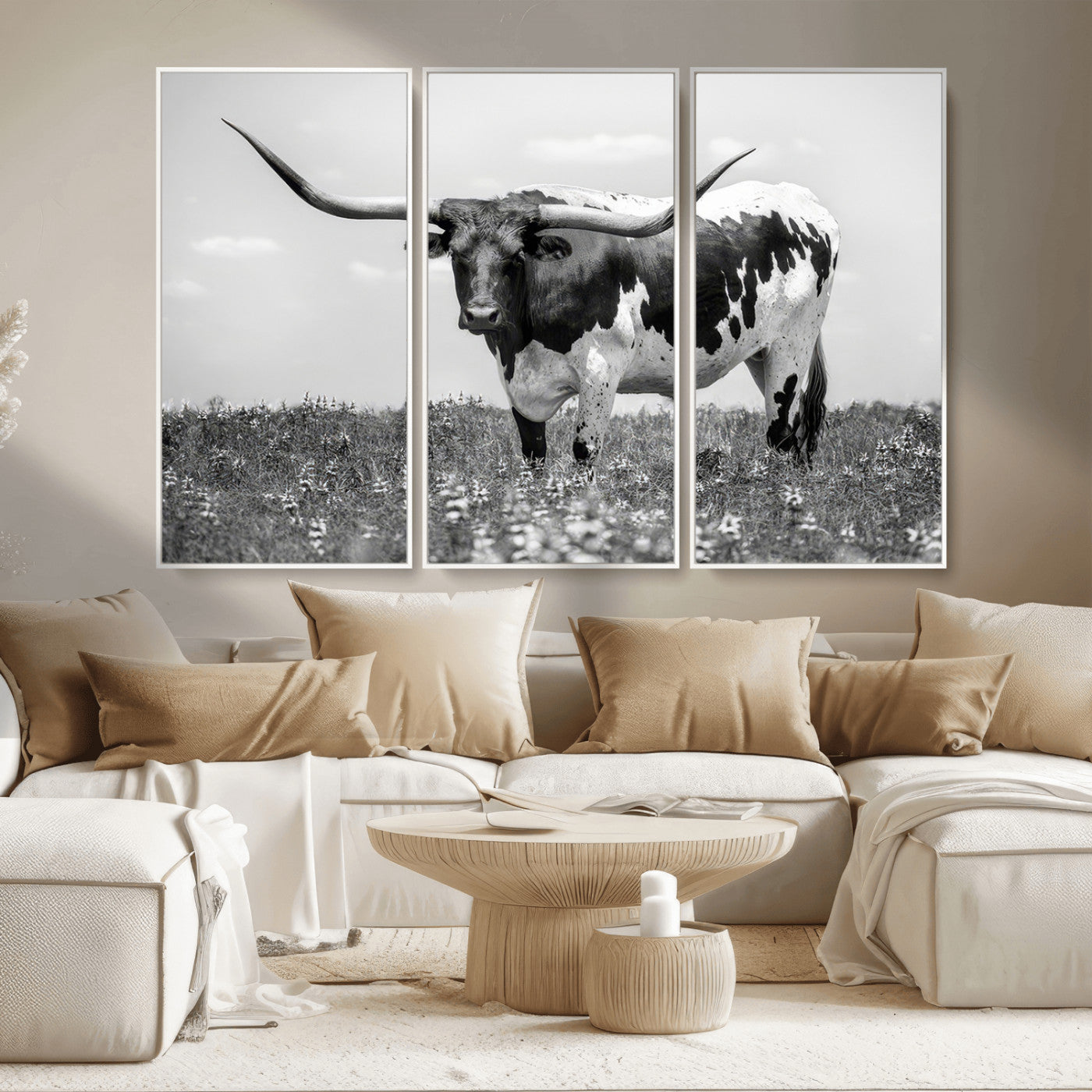 83785-MGV-CV-36X24-Texas Longhorn Wall Art Canvas Print, Framed Horned Bull Art Picture Print, Monochrome Cattle Perfect Rustic Western Decor Artwork