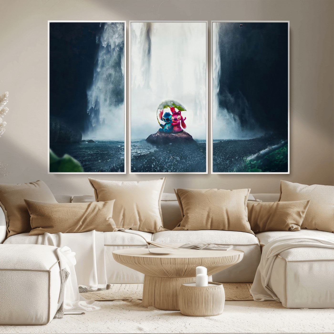 32259-MGV-CV-36X24-Stitch Angel Wall Art Canvas Print, Framed Stitch Waterfall Art Picture Print, Cartoon Couple Perfect Moody Fantasy Decor Artwork
