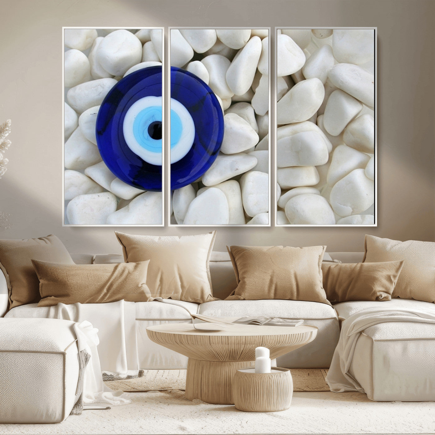 48883-MGV-CV-36X24-Evil Eye Wall Art – Deep Blue Symbol of Presence and Calm on White Stones, Subtle Spiritual Decor for Entryway, Studio, Office or