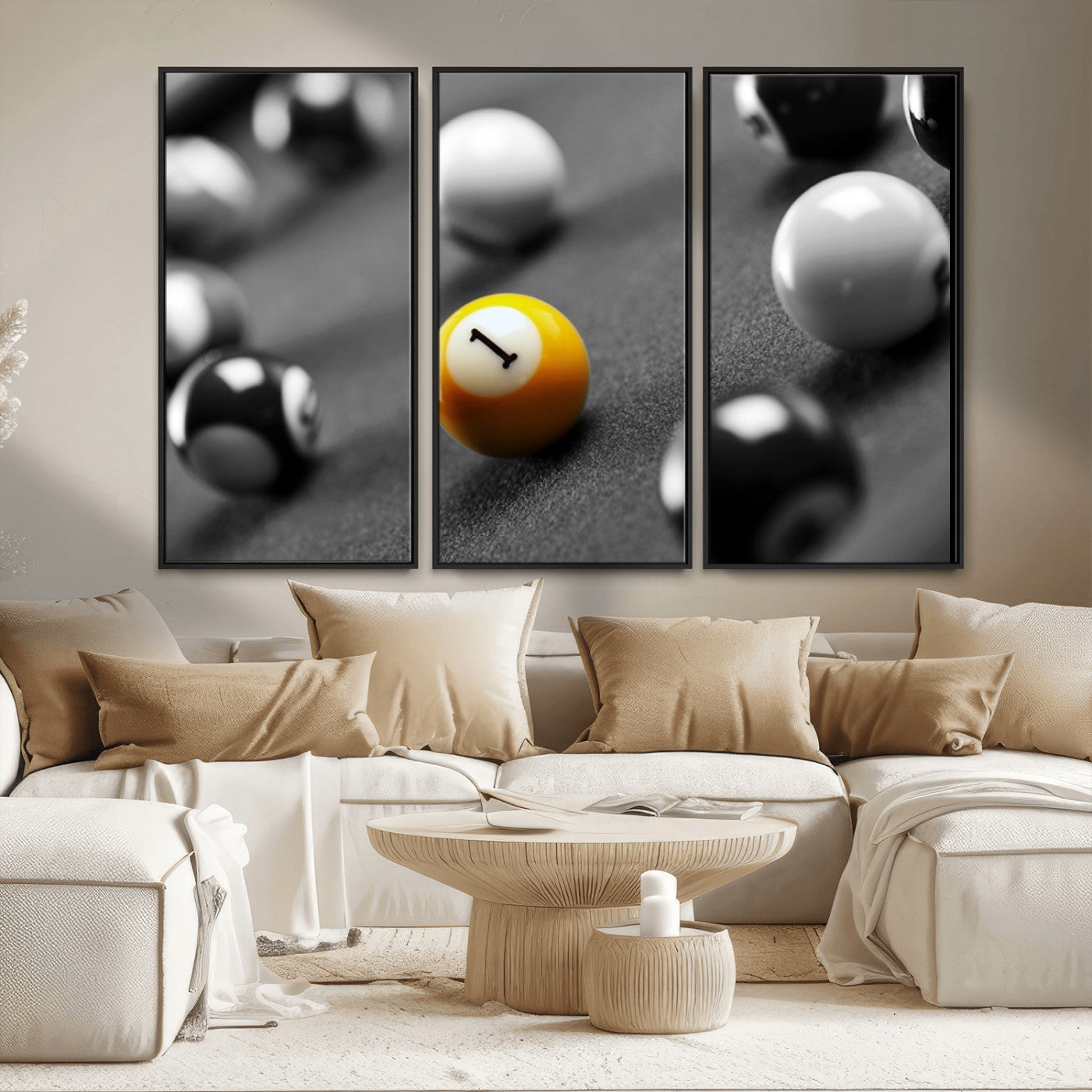 52108-MGV-CV-36X24-Precision Pool Table Wall Art – Close Up Yellow 1 Ball Canvas Print, Hand-Played Billiards Game Decor for Office, Game Room, or