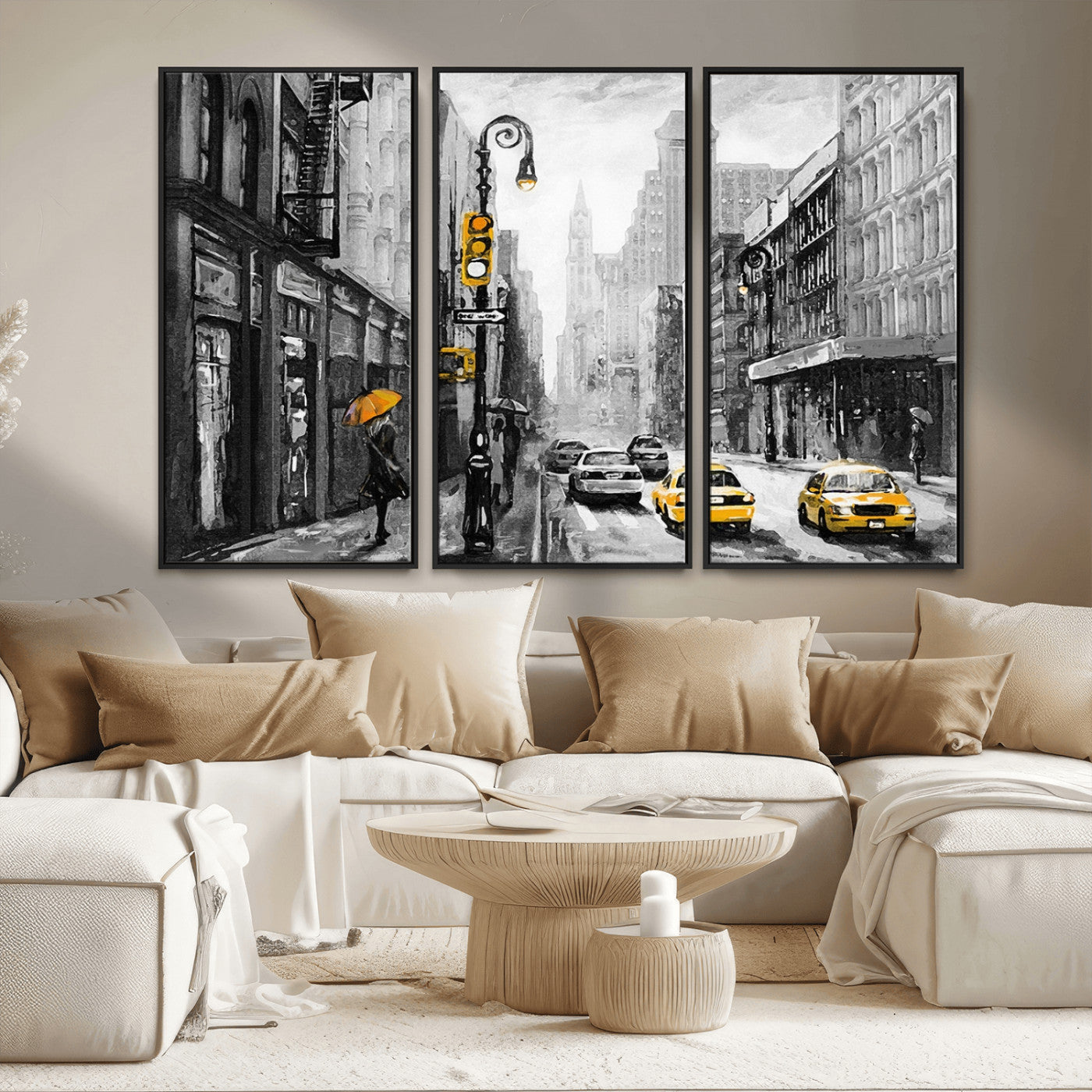 32362-MGV-CV-36X24-NYC Street Wall Art – Black and White Cityscape with Yellow Taxis and Umbrella Canvas Print, Urban Home Decor for Living Room or