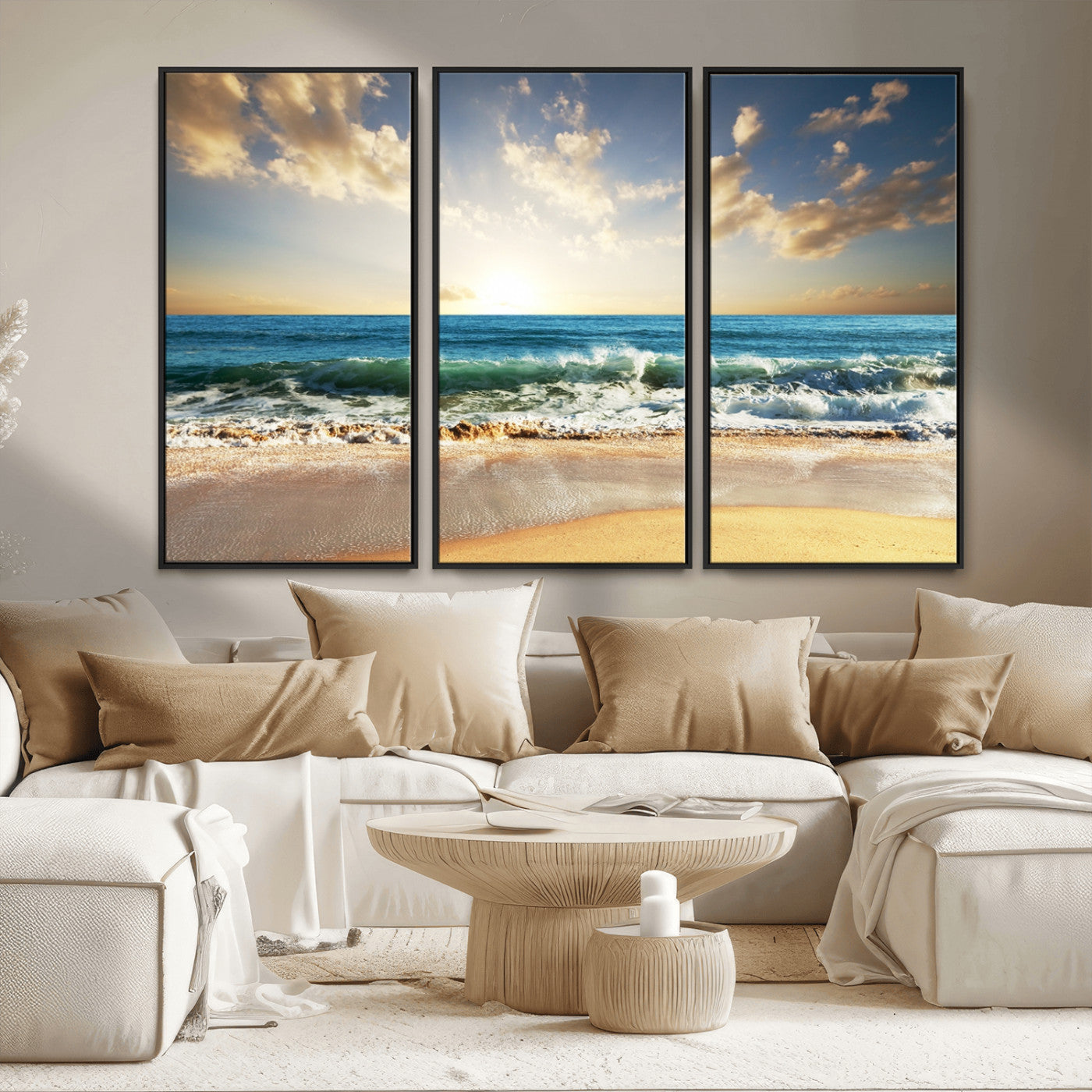 13139-MGV-FC-48X32-3P_Black-Sunrise Beach Wall Art – Ocean Waves and Golden Sand Canvas Print, Coastal Home Decor for Living Room, Bedroom, or Office